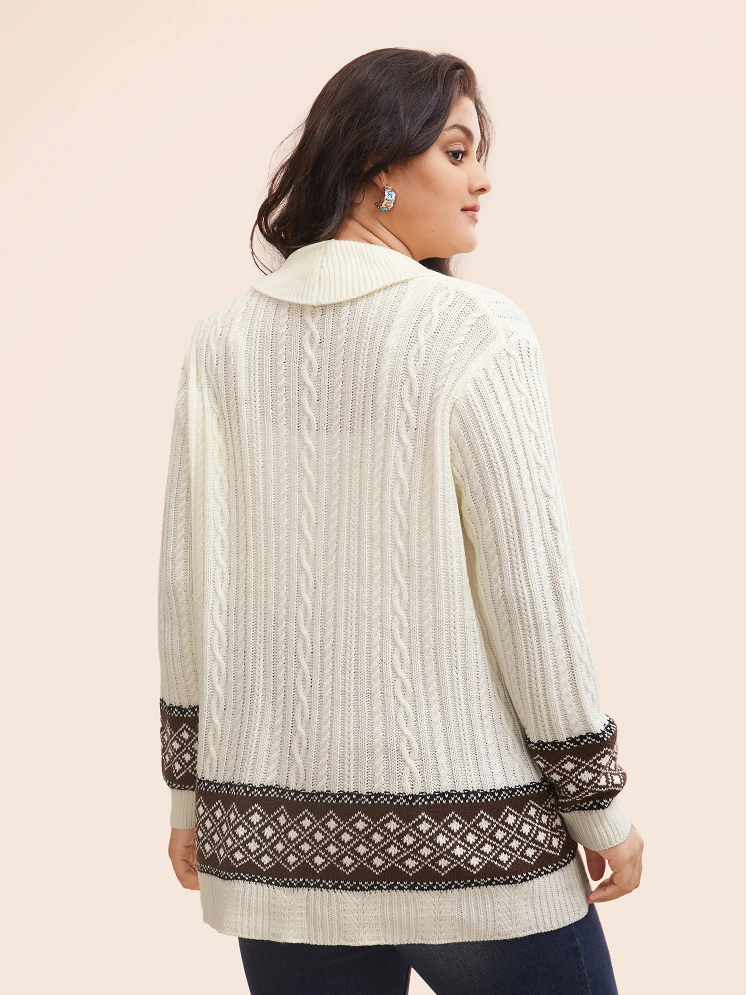 Cable Knit Pockets Collared Cardigan - Image 2