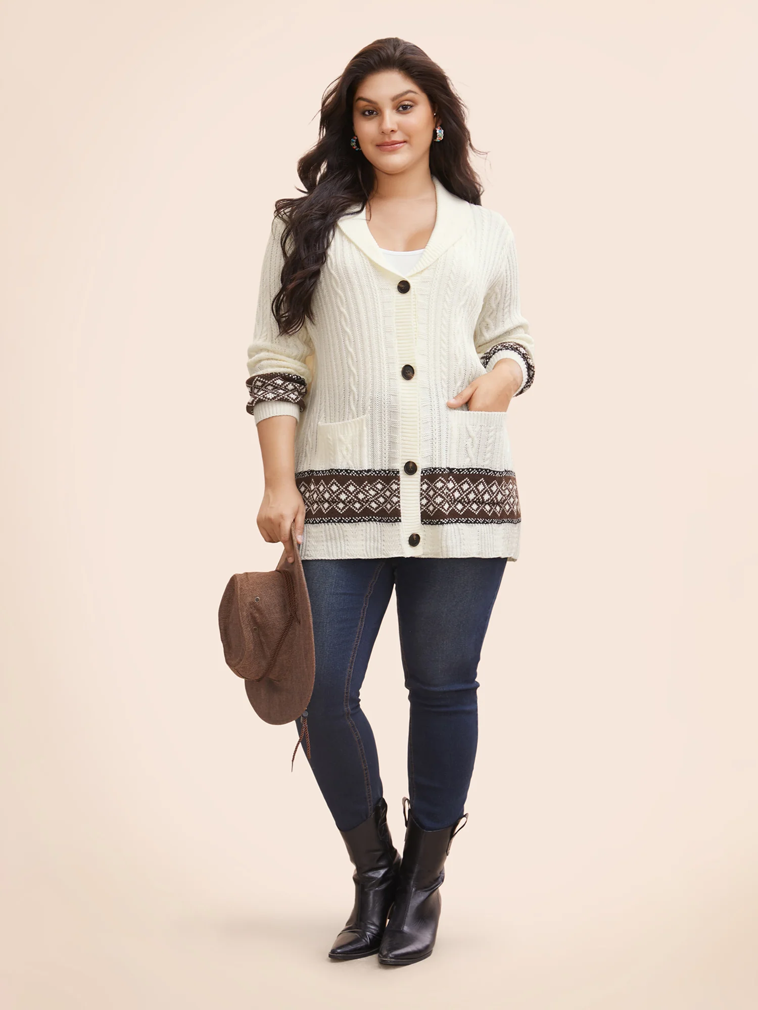Cable Knit Pockets Collared Cardigan - Image 3