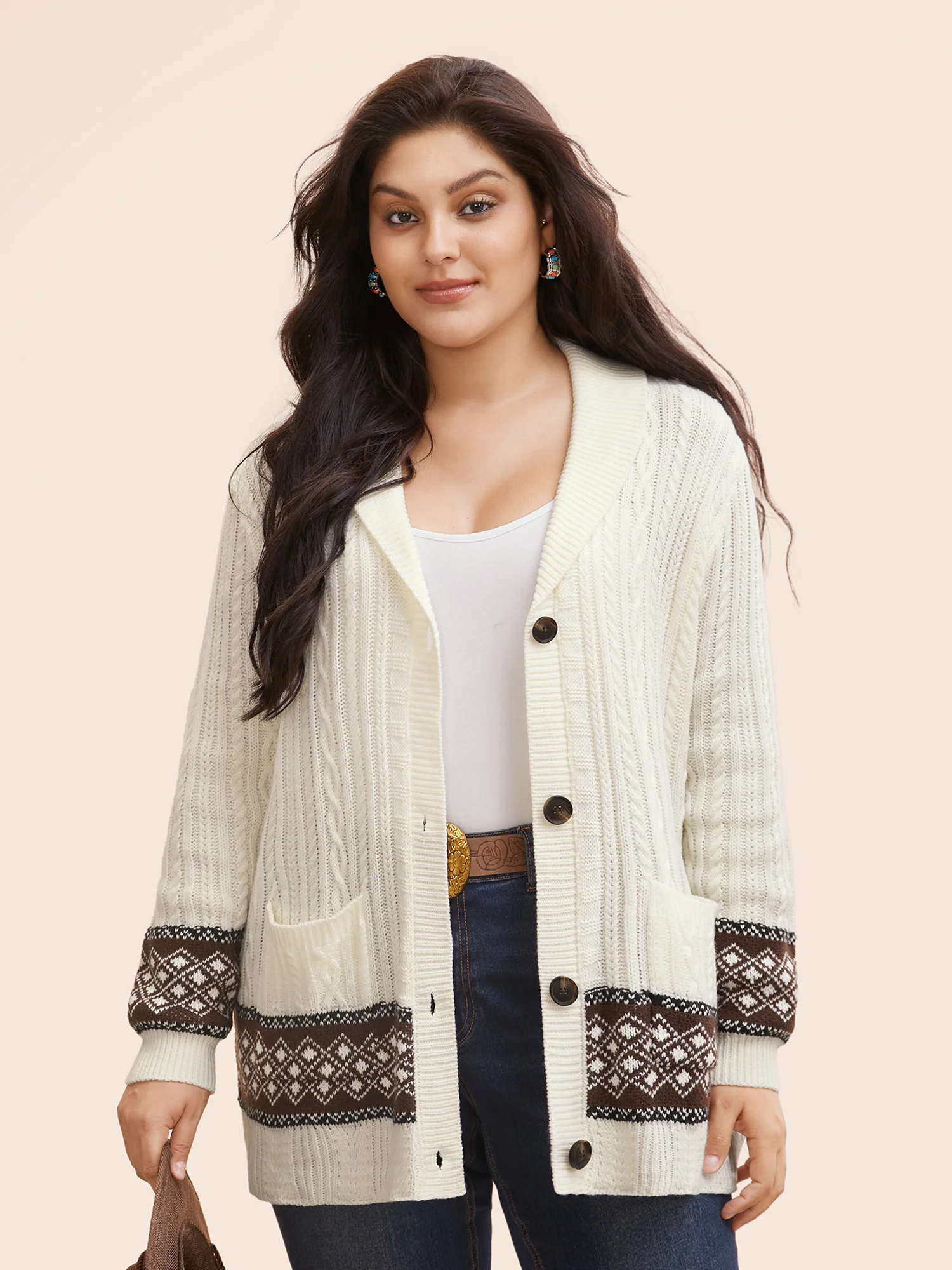 Cable Knit Pockets Collared Cardigan - Image 5