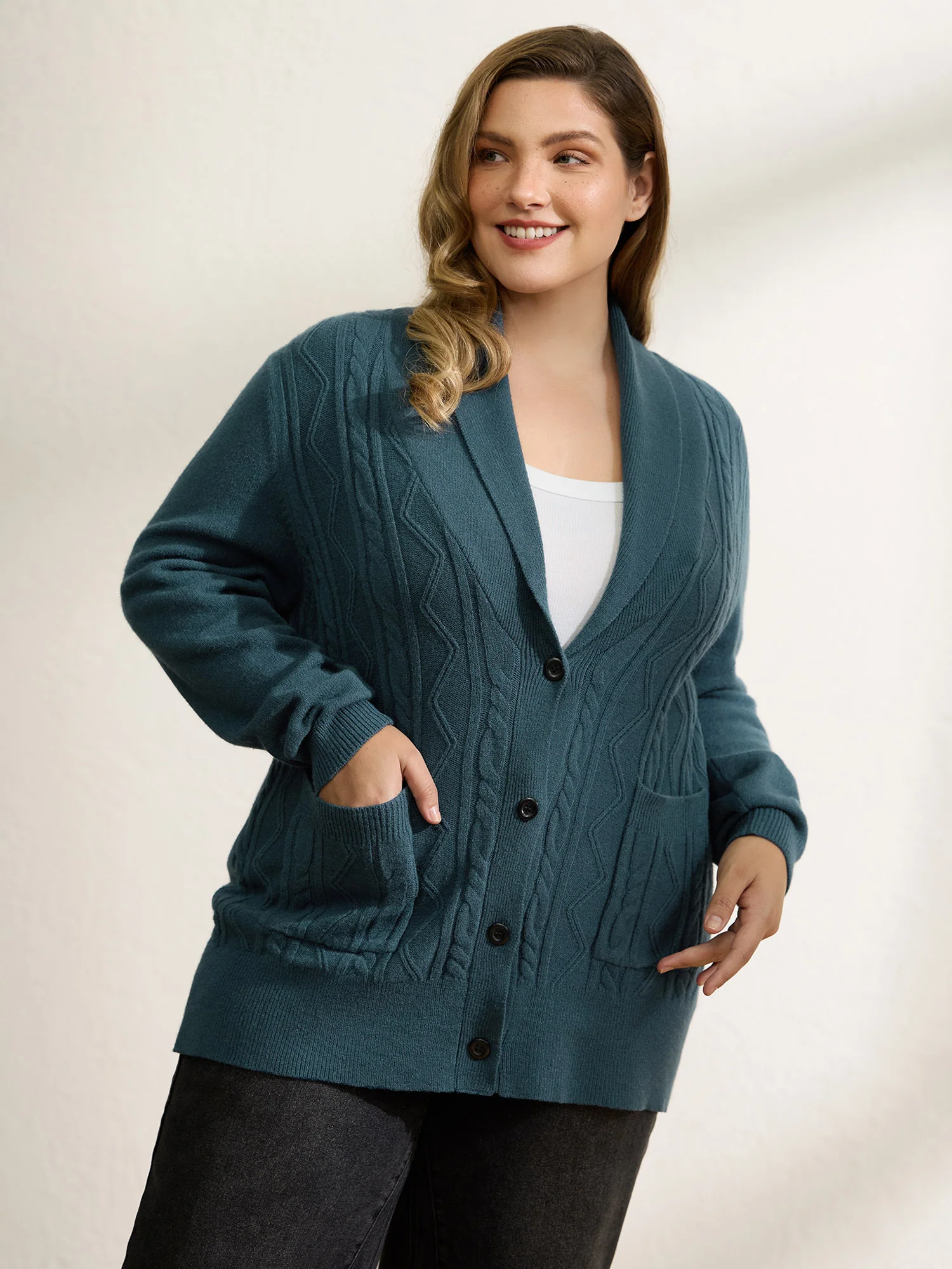 Supersoft Cable Knit Pockets Shawl Collar Knit Cardigan - Image 3