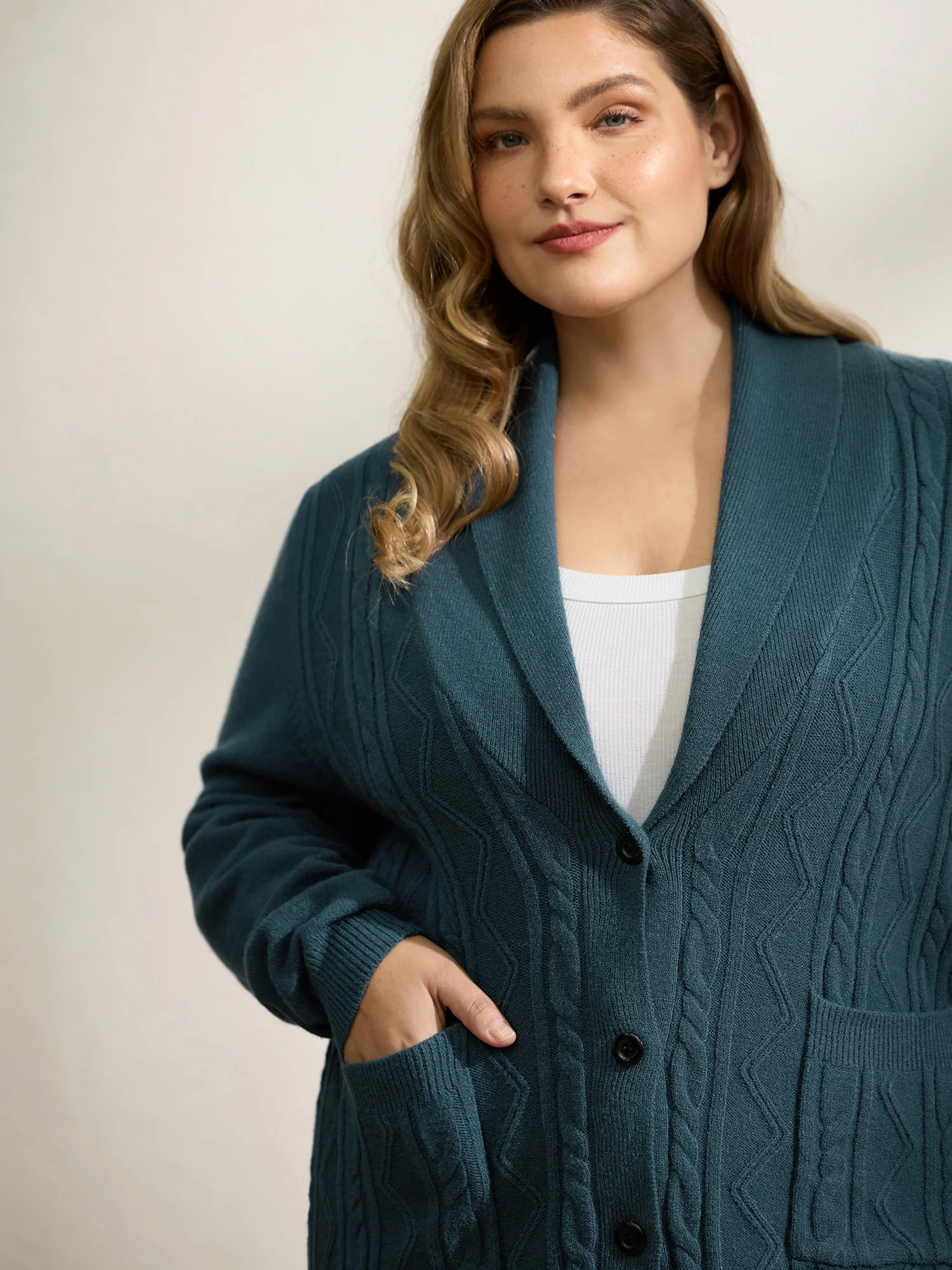 Supersoft Cable Knit Pockets Shawl Collar Knit Cardigan - Image 4