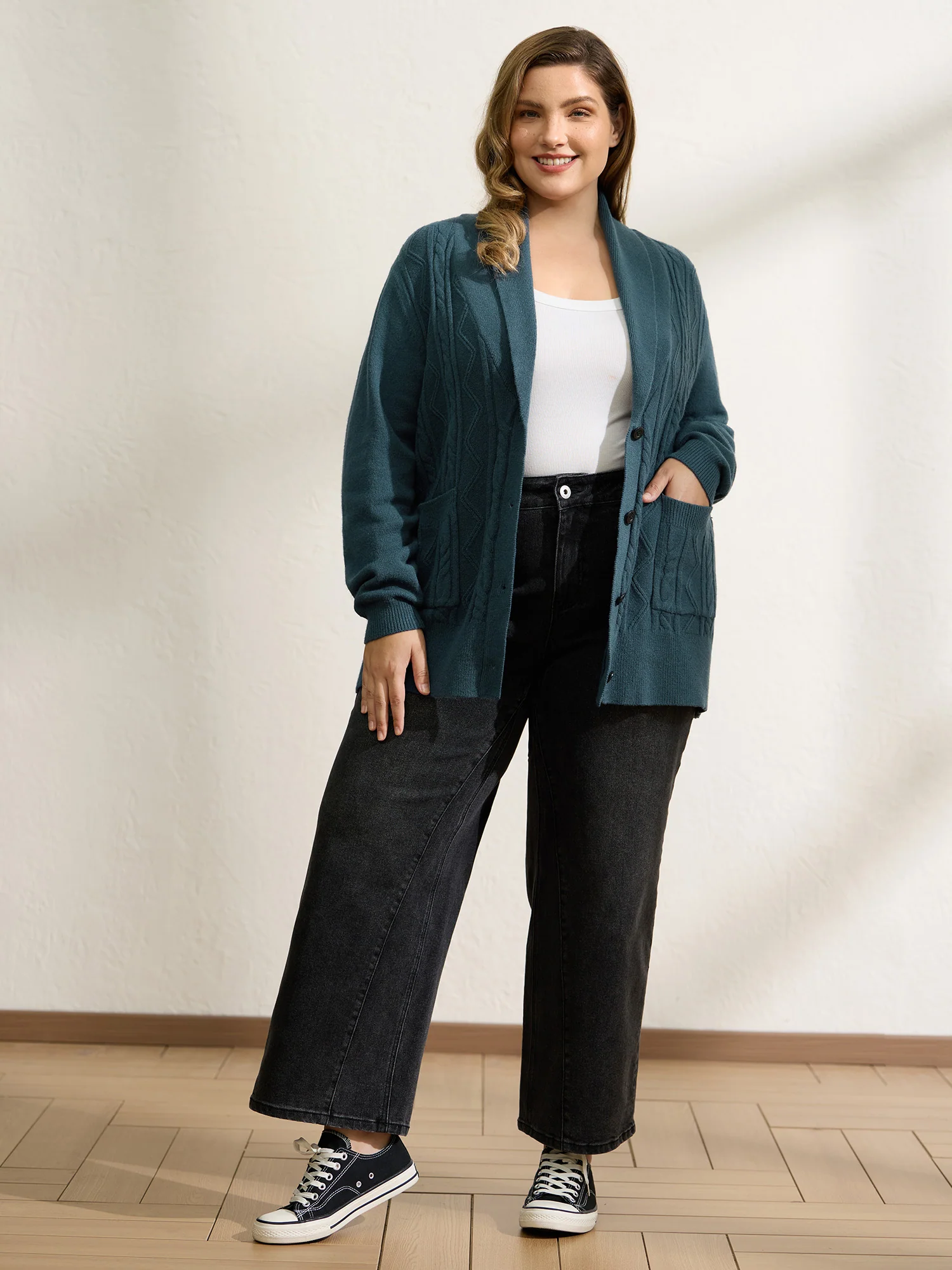 Supersoft Cable Knit Pockets Shawl Collar Knit Cardigan - Image 5