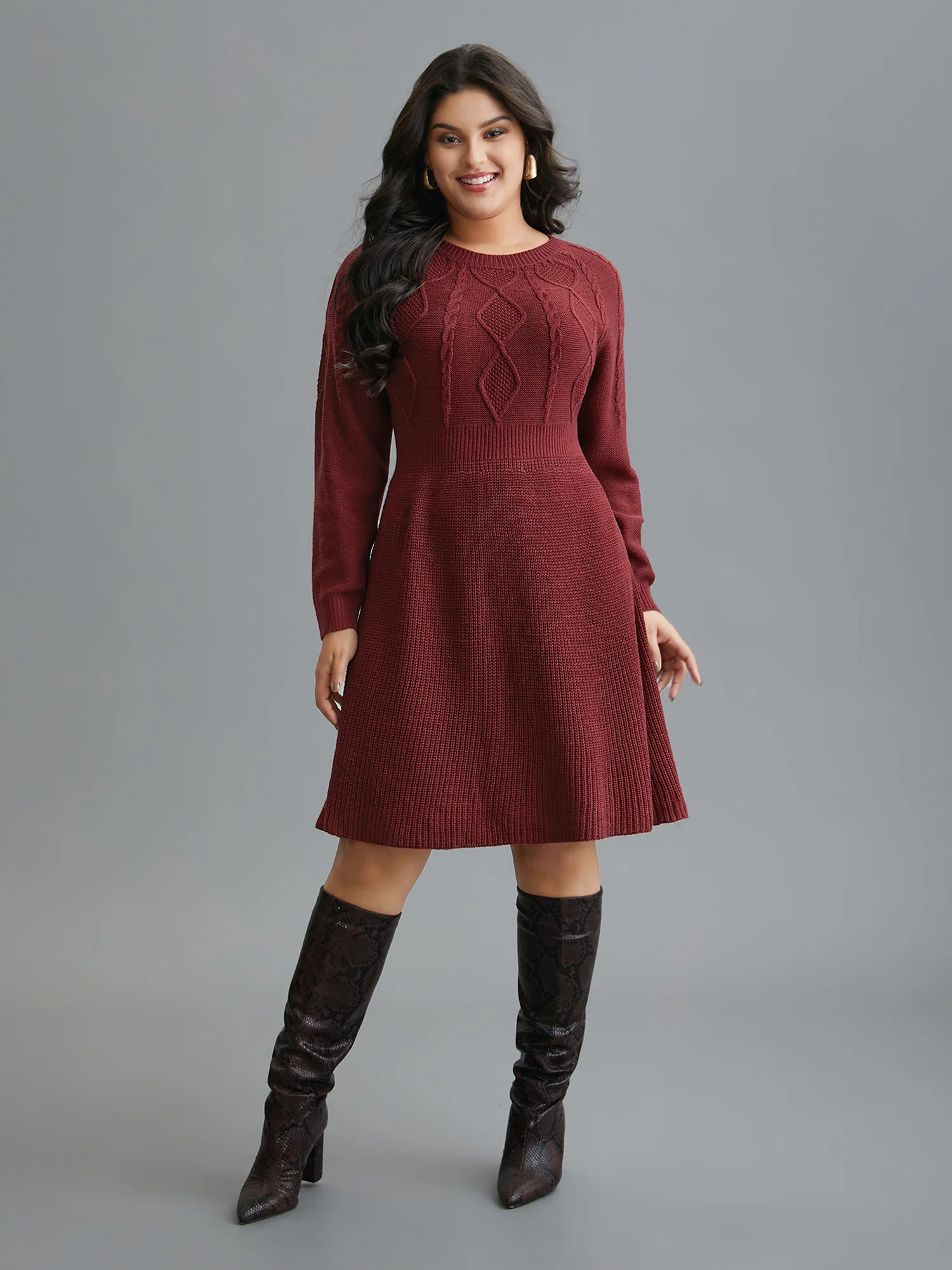 Cable Knit Raglan Sleeve Midi Sweater Dress - Image 2