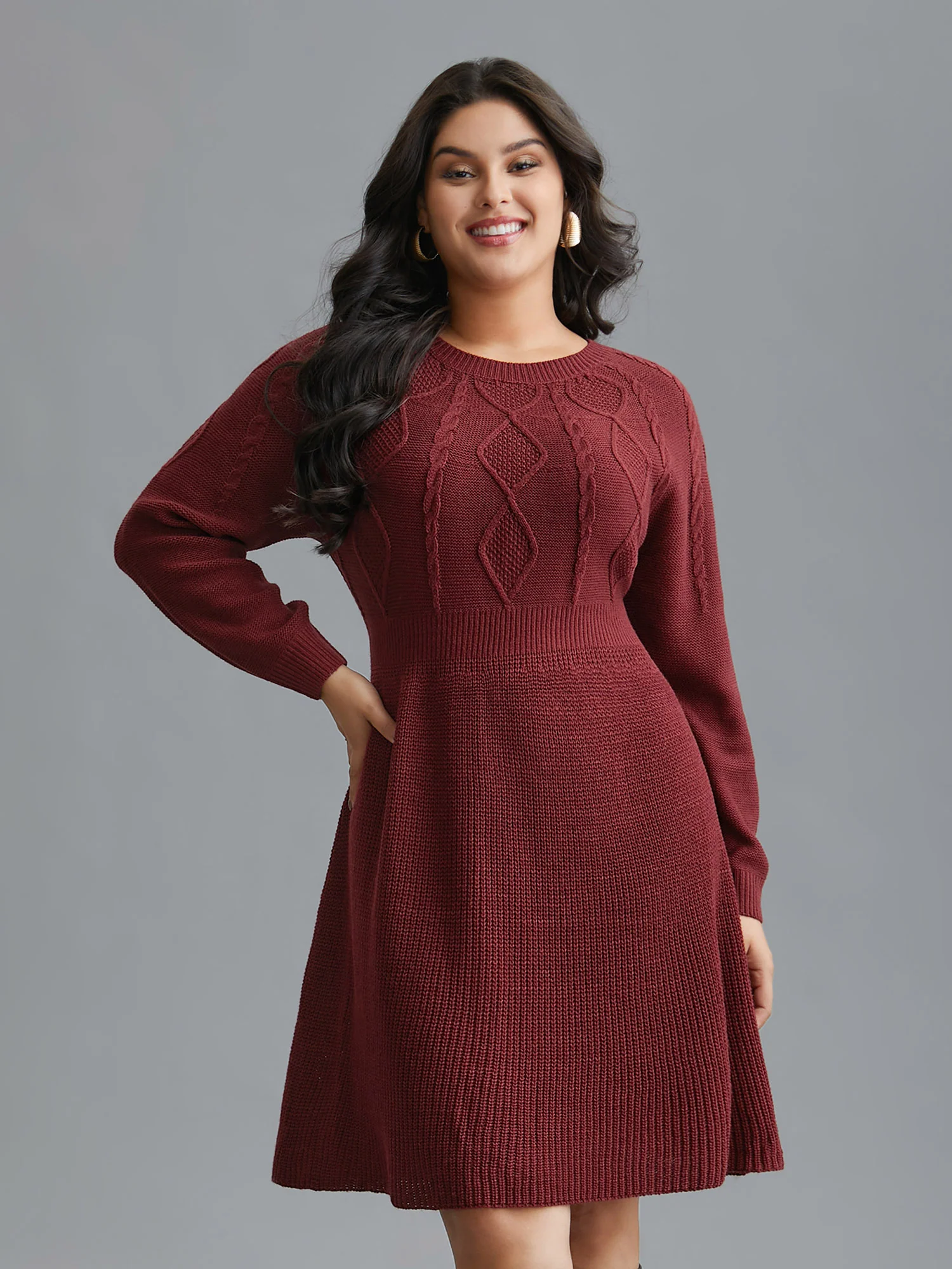Cable Knit Raglan Sleeve Midi Sweater Dress - Image 3
