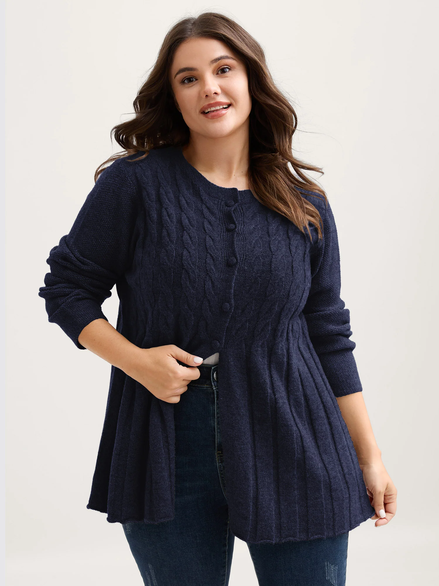 Cable Knit Round Neck Button Knit Cardigan - Image 14