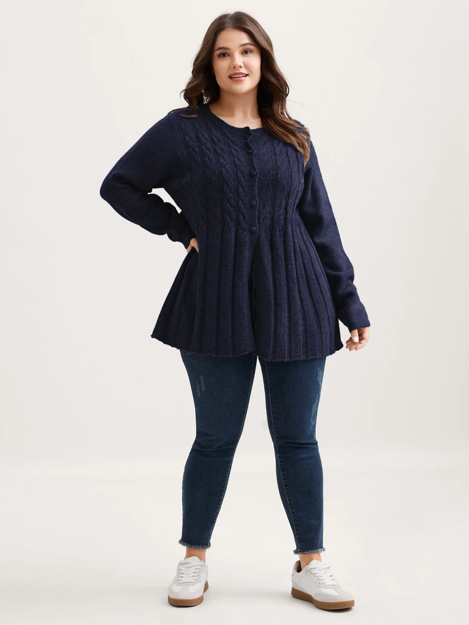 Cable Knit Round Neck Button Knit Cardigan - Image 16