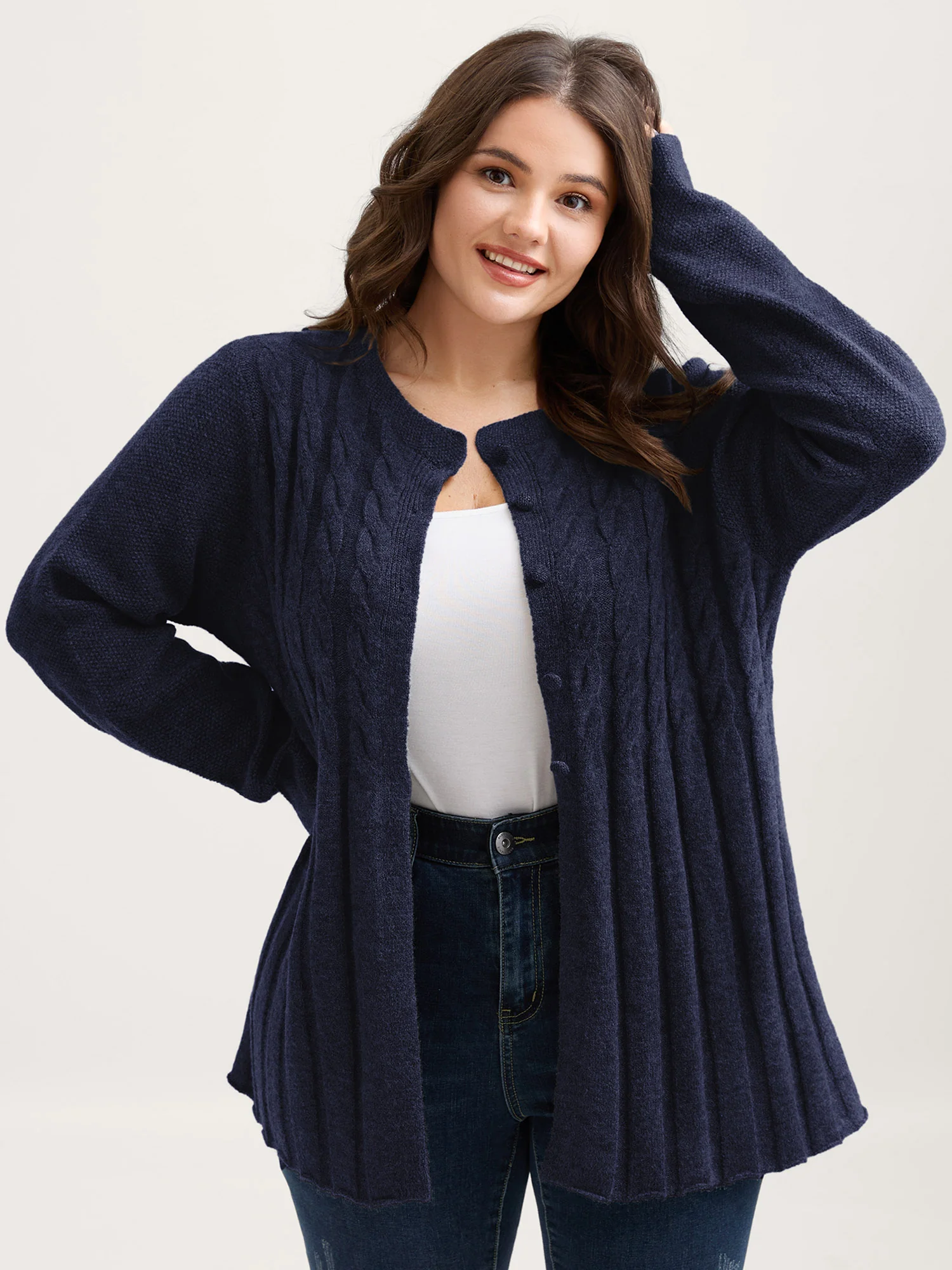 Cable Knit Round Neck Button Knit Cardigan - Image 17