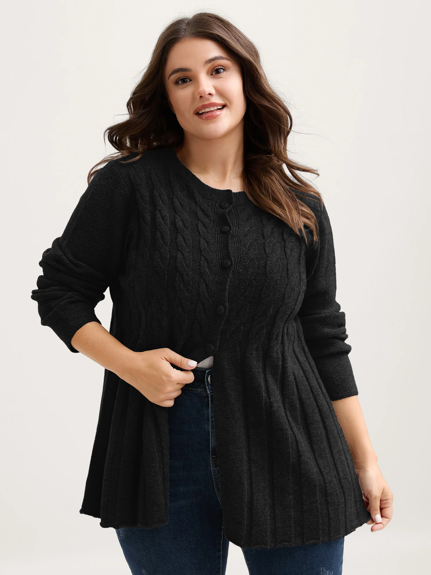 Cable Knit Round Neck Button Knit Cardigan - Image 19