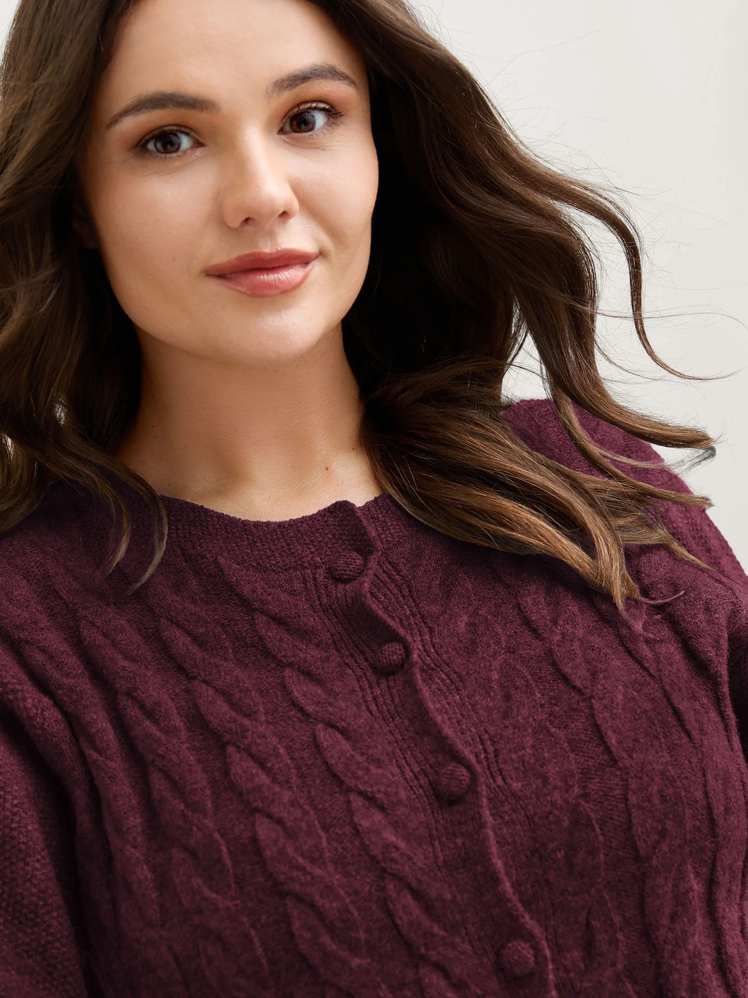 Cable Knit Round Neck Button Knit Cardigan - Image 2