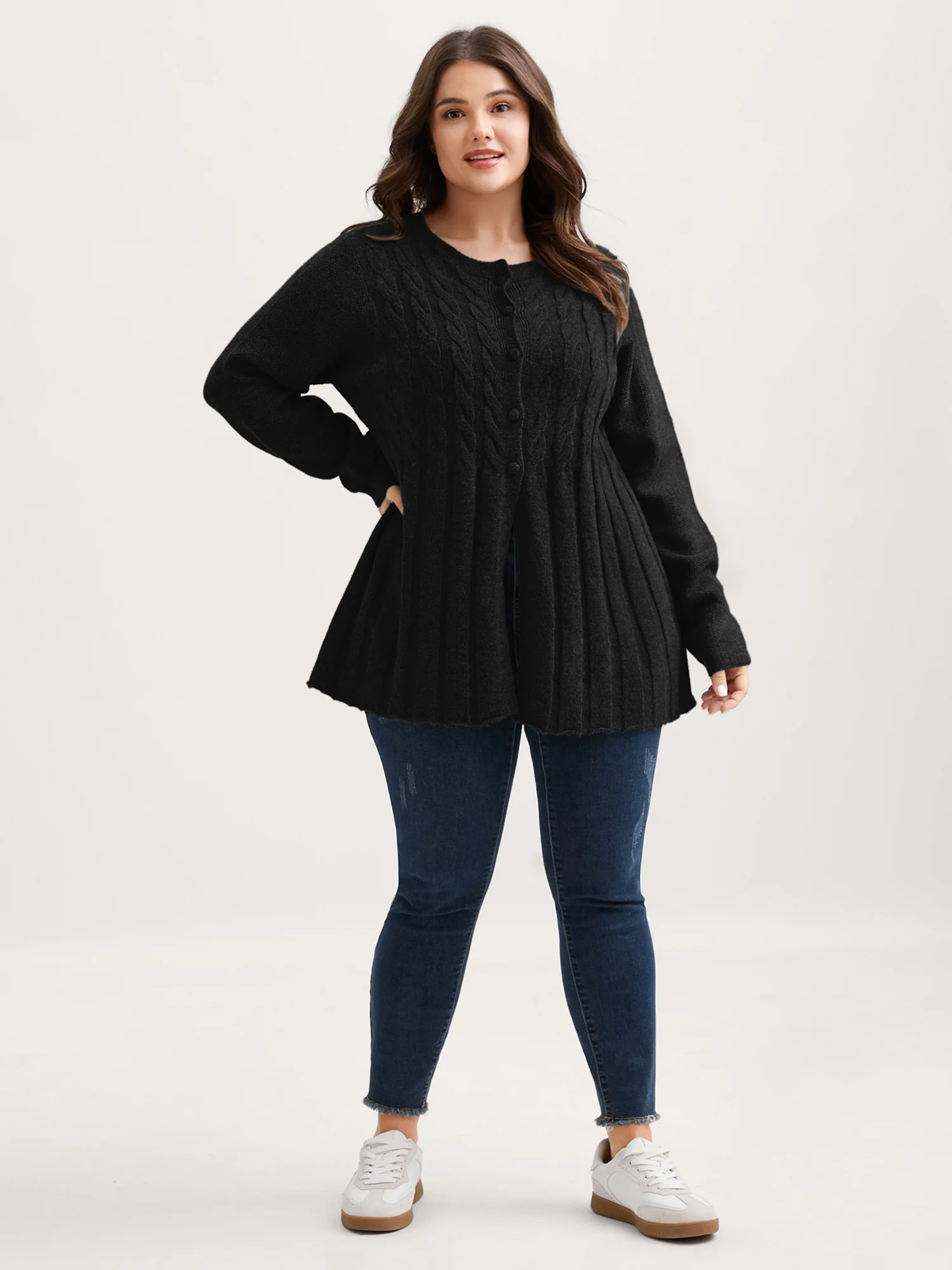Cable Knit Round Neck Button Knit Cardigan - Image 21