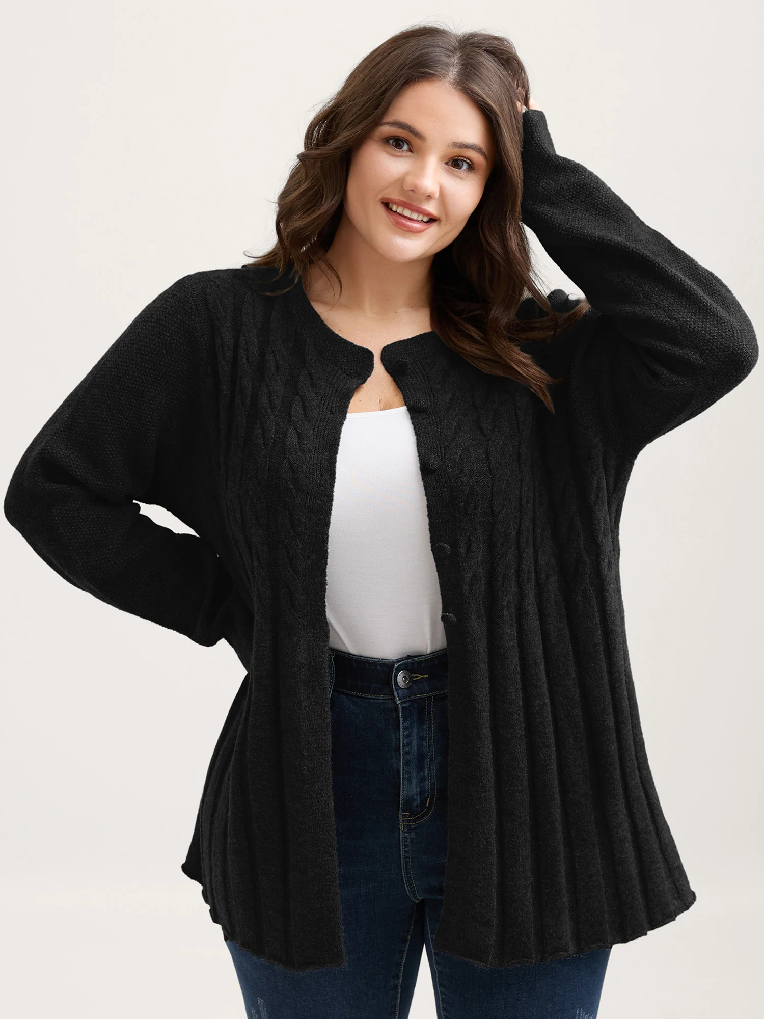 Cable Knit Round Neck Button Knit Cardigan - Image 22