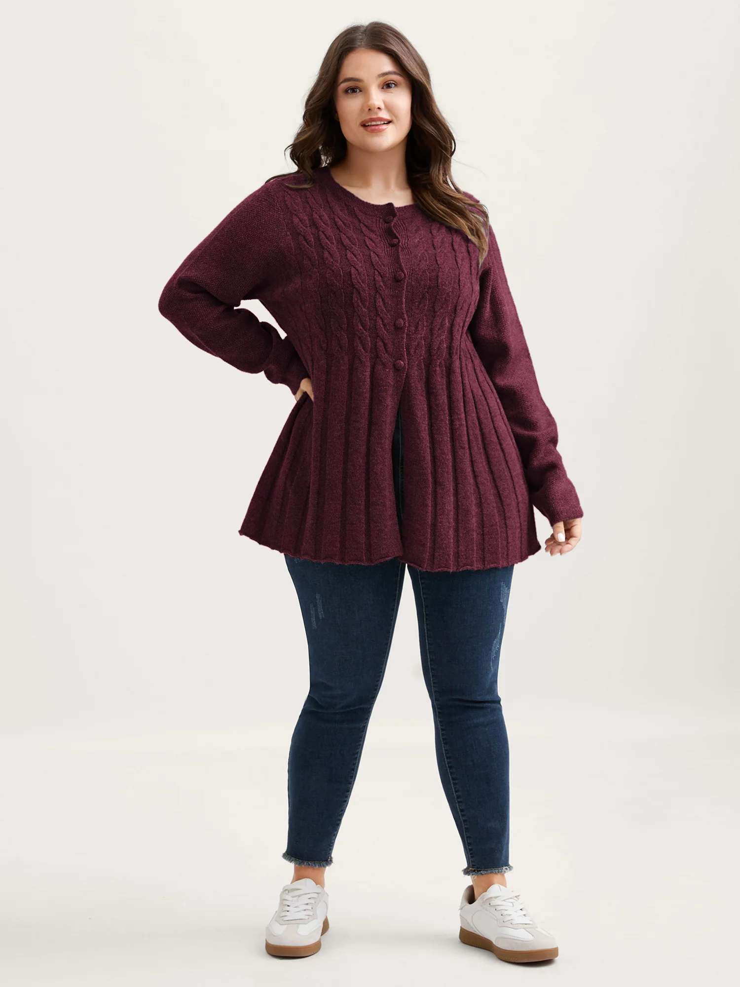 Cable Knit Round Neck Button Knit Cardigan - Image 3