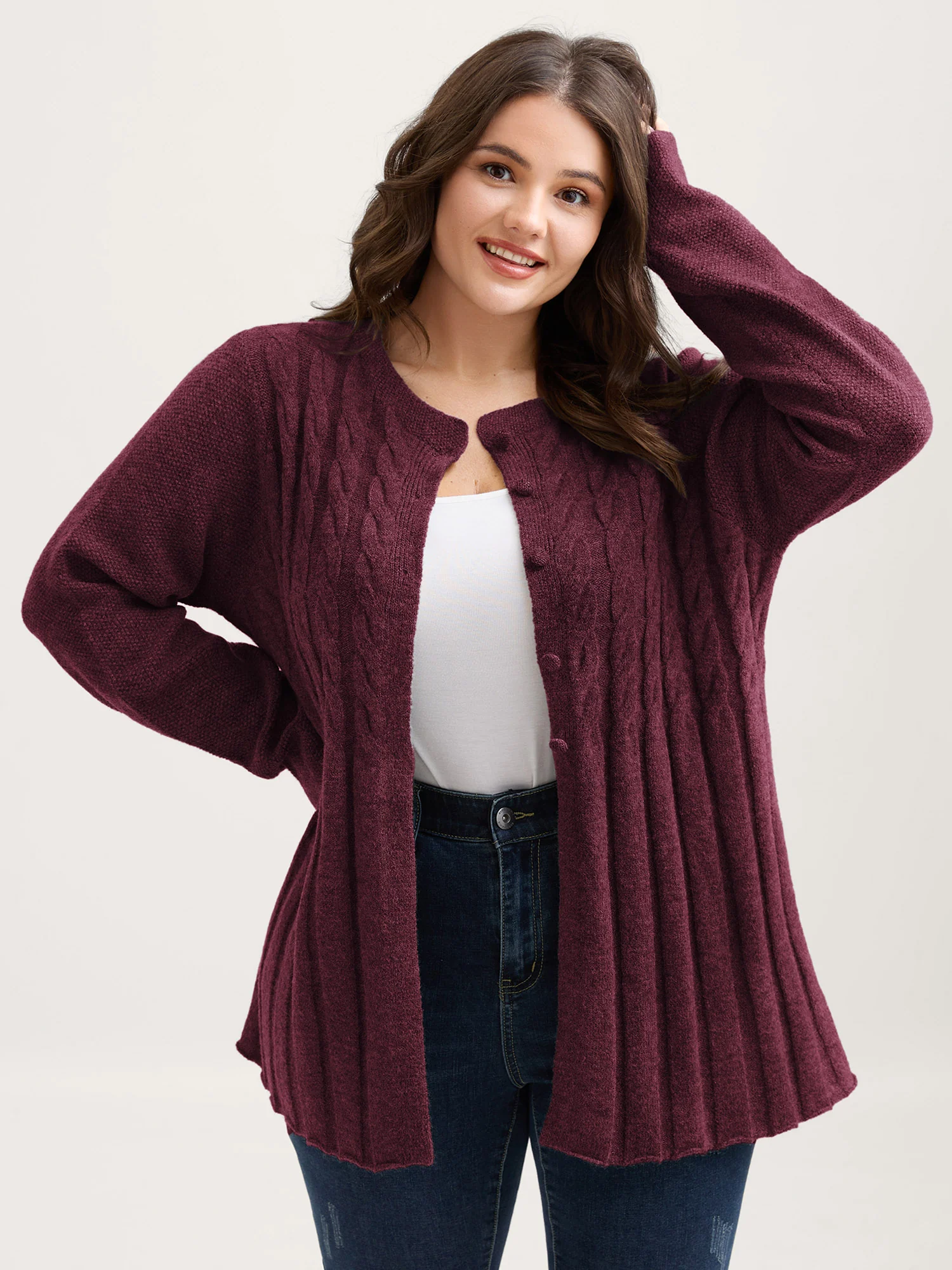 Cable Knit Round Neck Button Knit Cardigan - Image 4