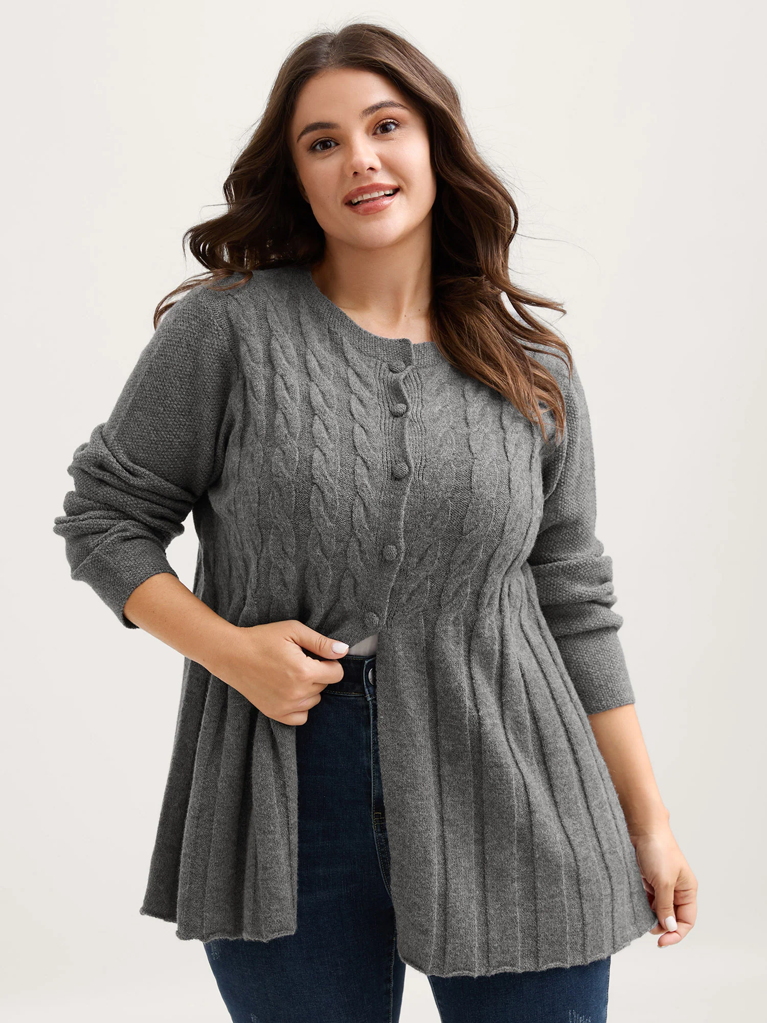 Cable Knit Round Neck Button Knit Cardigan - Image 6