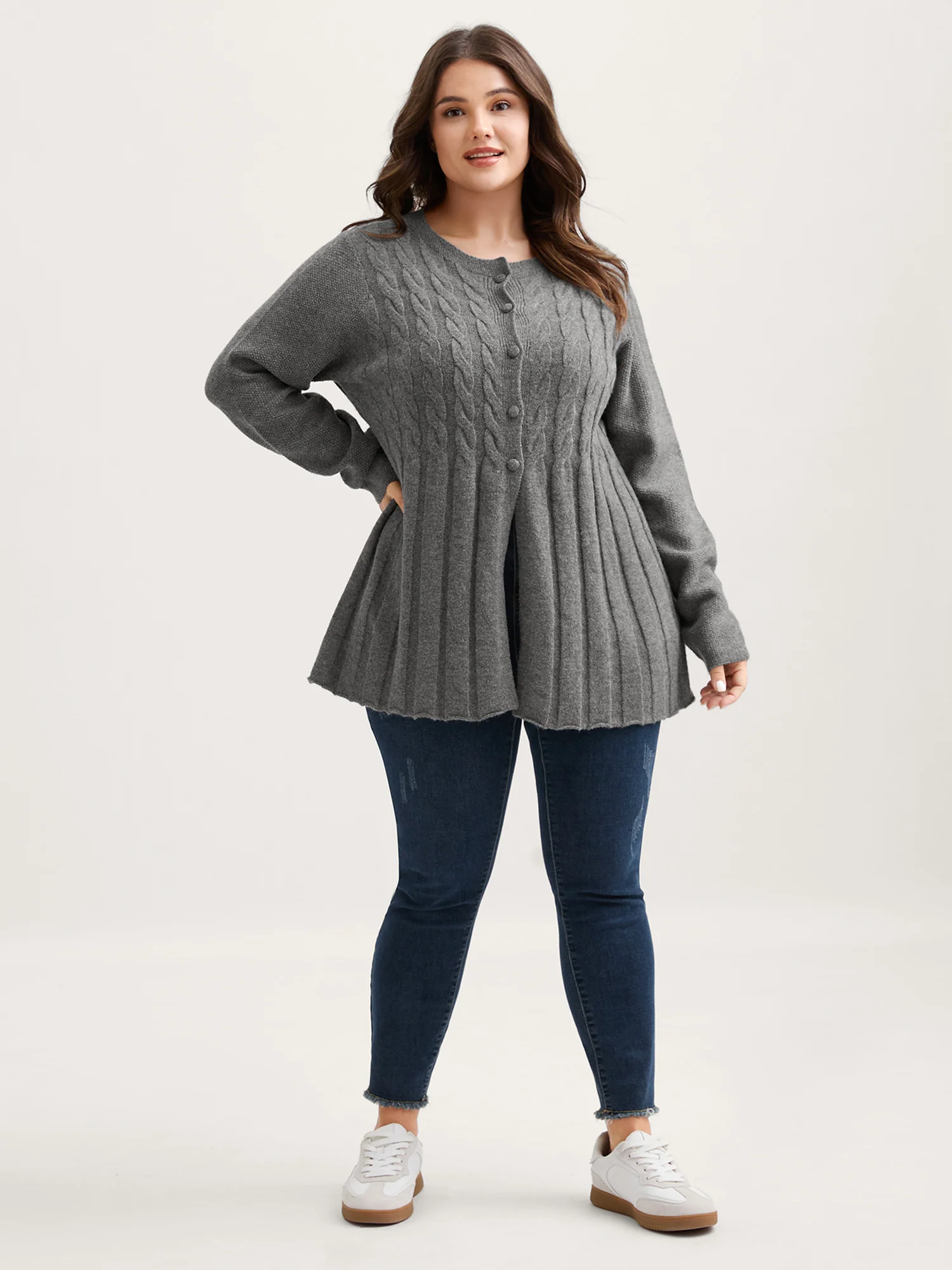 Cable Knit Round Neck Button Knit Cardigan - Image 8