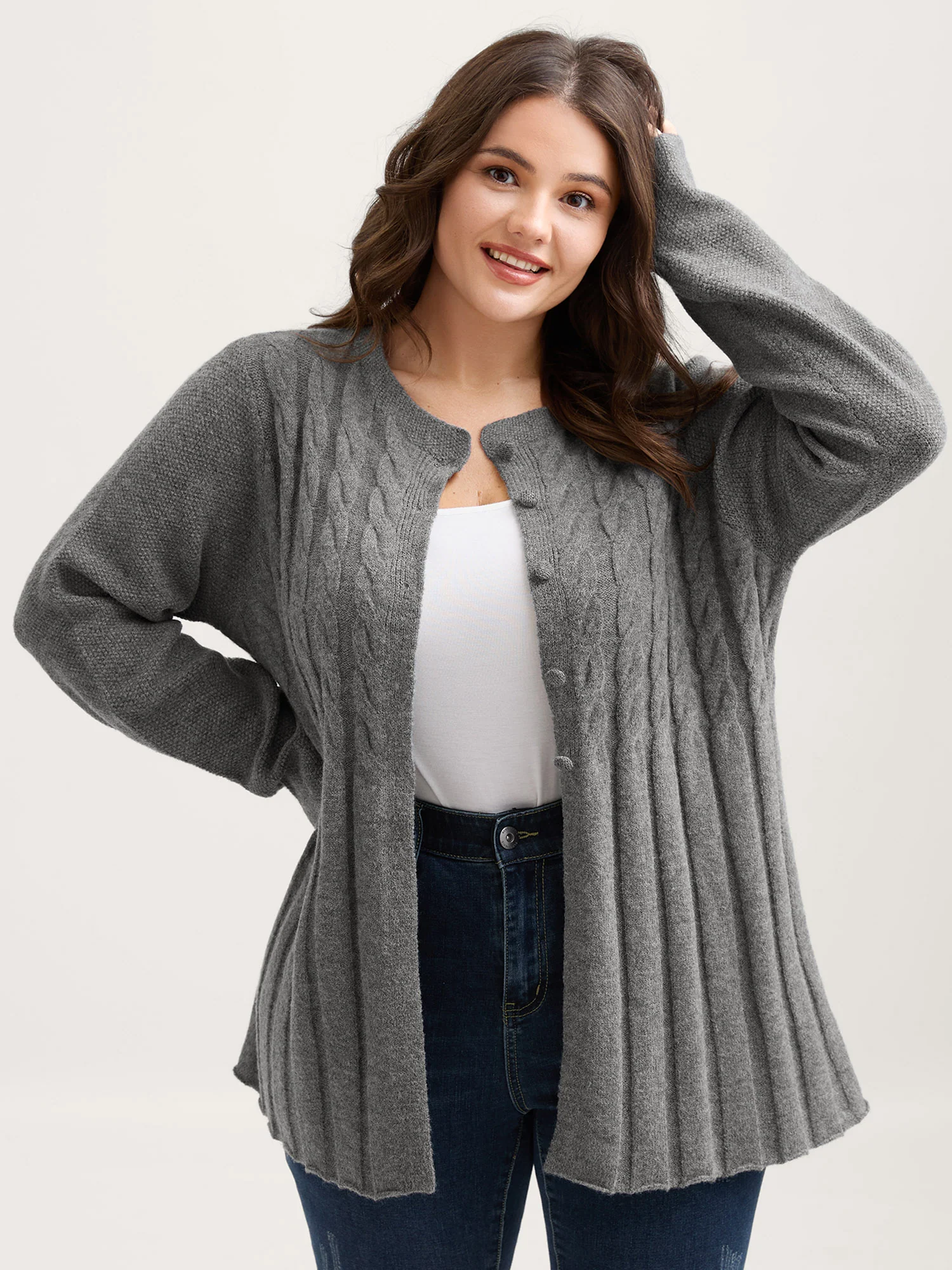 Cable Knit Round Neck Button Knit Cardigan - Image 9