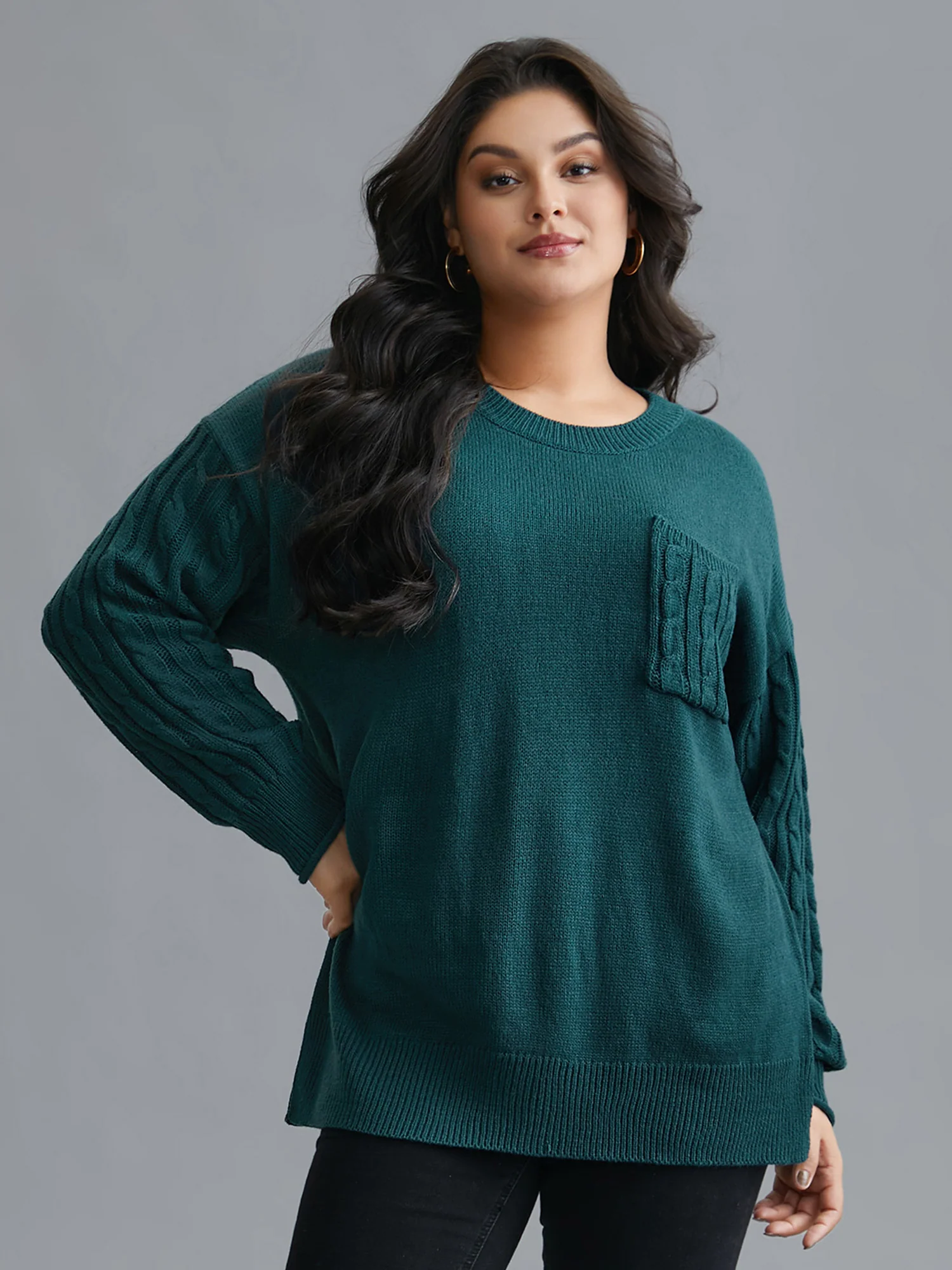 Cable Knit Sleeve Chest Pocket Pullover - Image 3