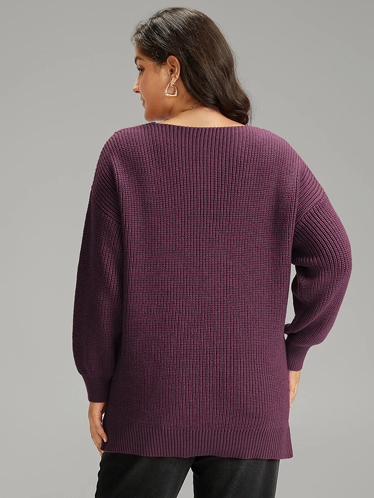 Cable Knit Split Side Elastic Cuffs Pullover - Image 2