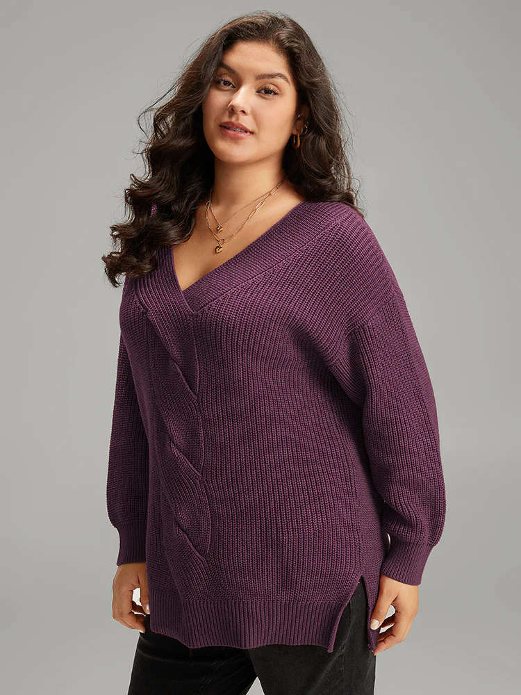Cable Knit Split Side Elastic Cuffs Pullover - Image 3