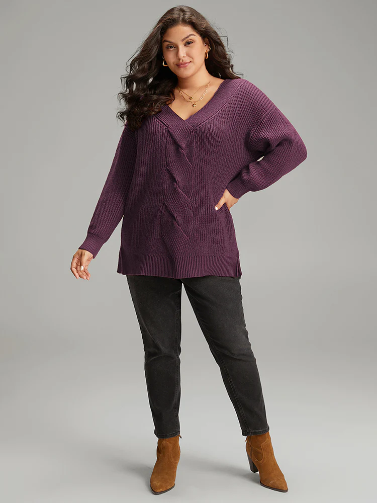 Cable Knit Split Side Elastic Cuffs Pullover - Image 4