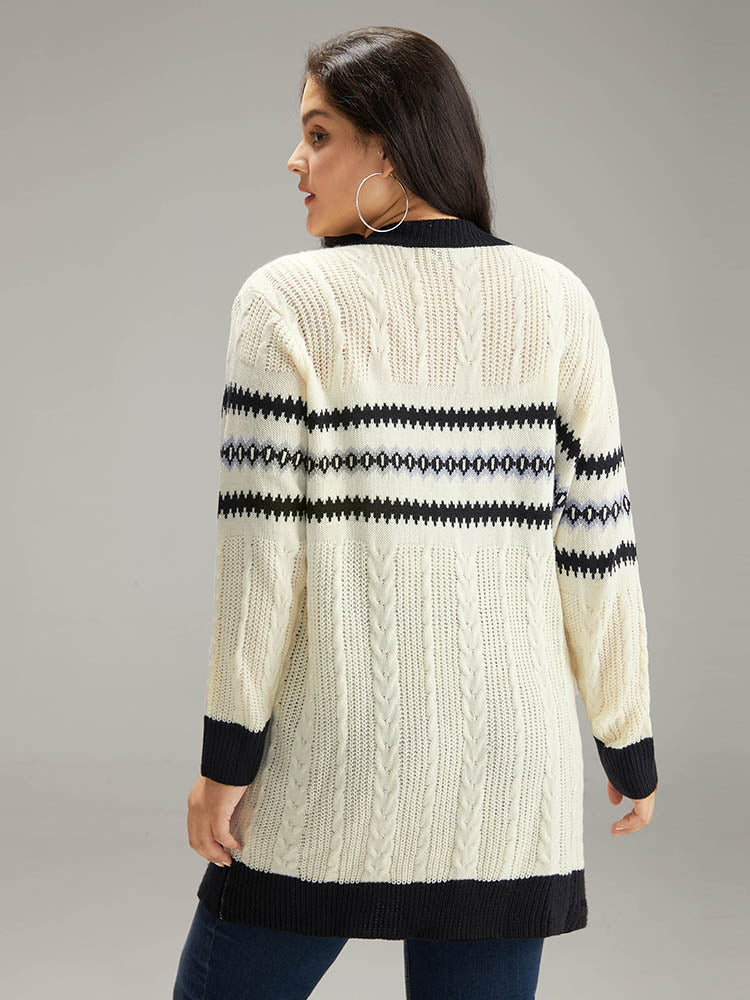 Cable Knit Striped Geo Button Fly Cardigan - Image 2