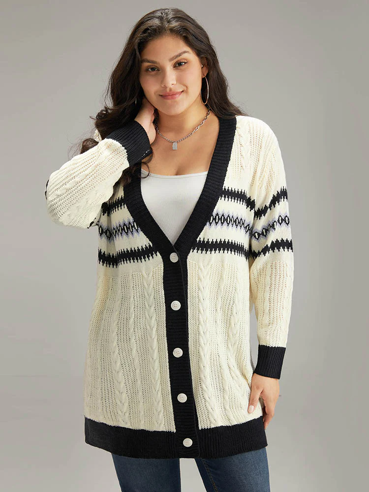 Cable Knit Striped Geo Button Fly Cardigan - Image 3