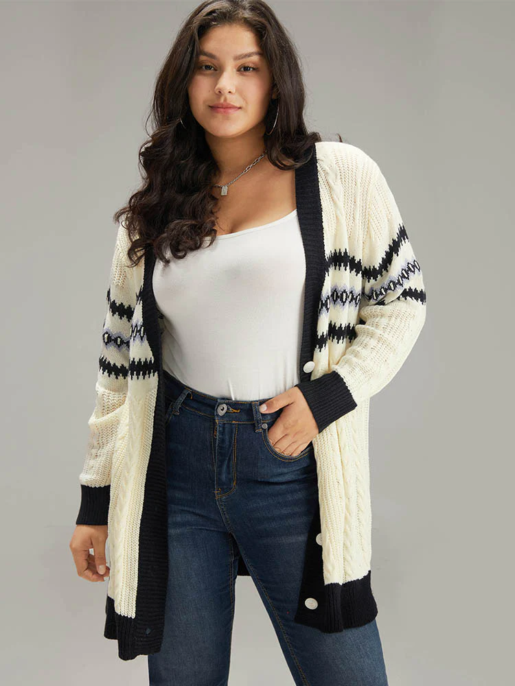Cable Knit Striped Geo Button Fly Cardigan - Image 4