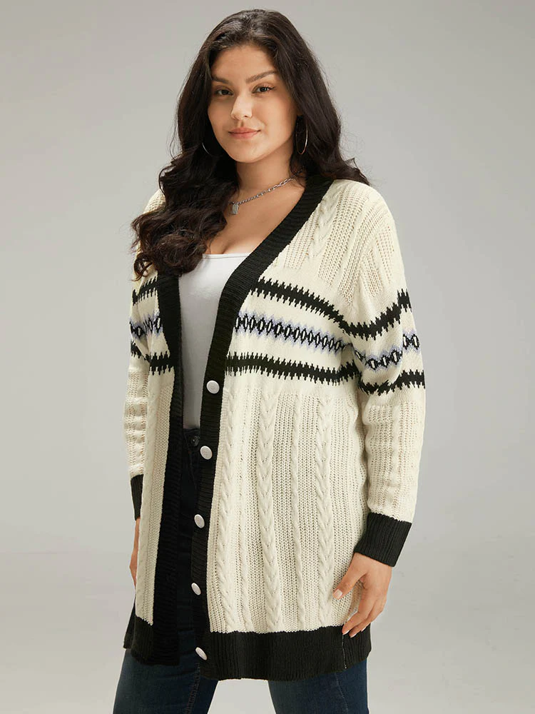 Cable Knit Striped Geo Button Fly Cardigan - Image 5