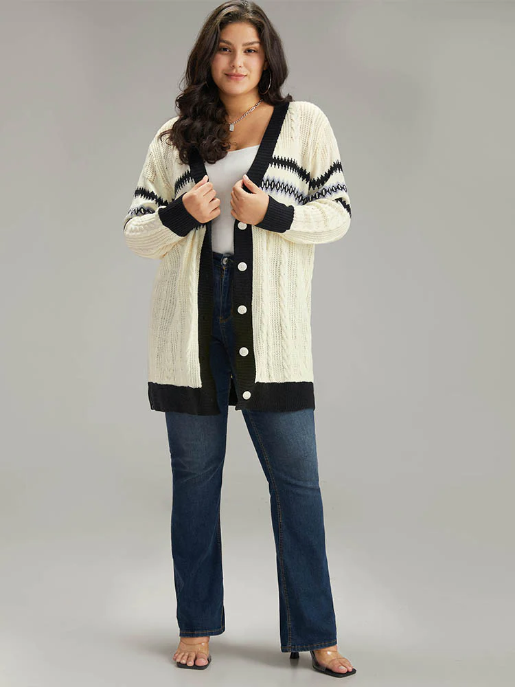 Cable Knit Striped Geo Button Fly Cardigan - Image 6