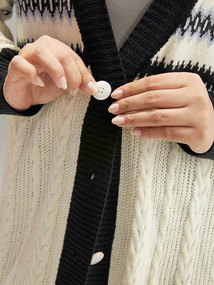 Cable Knit Striped Geo Button Fly Cardigan - Image 7