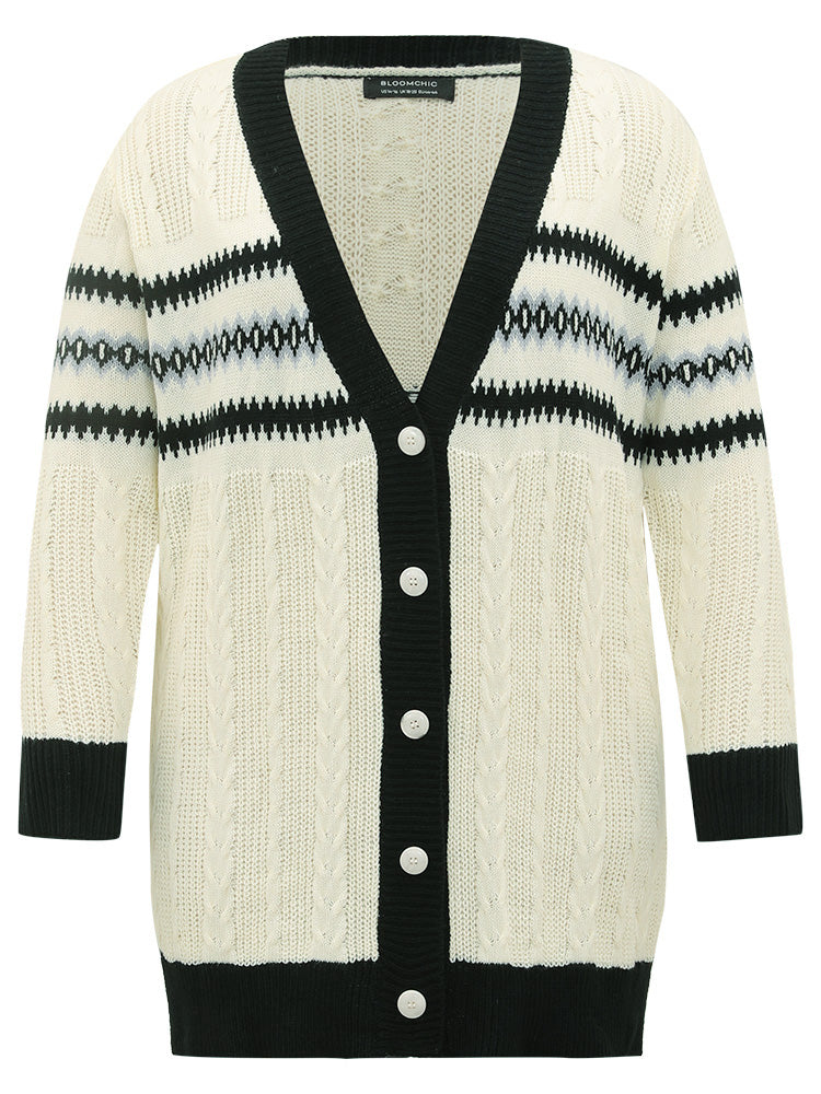 Cable Knit Striped Geo Button Fly Cardigan - Image 8