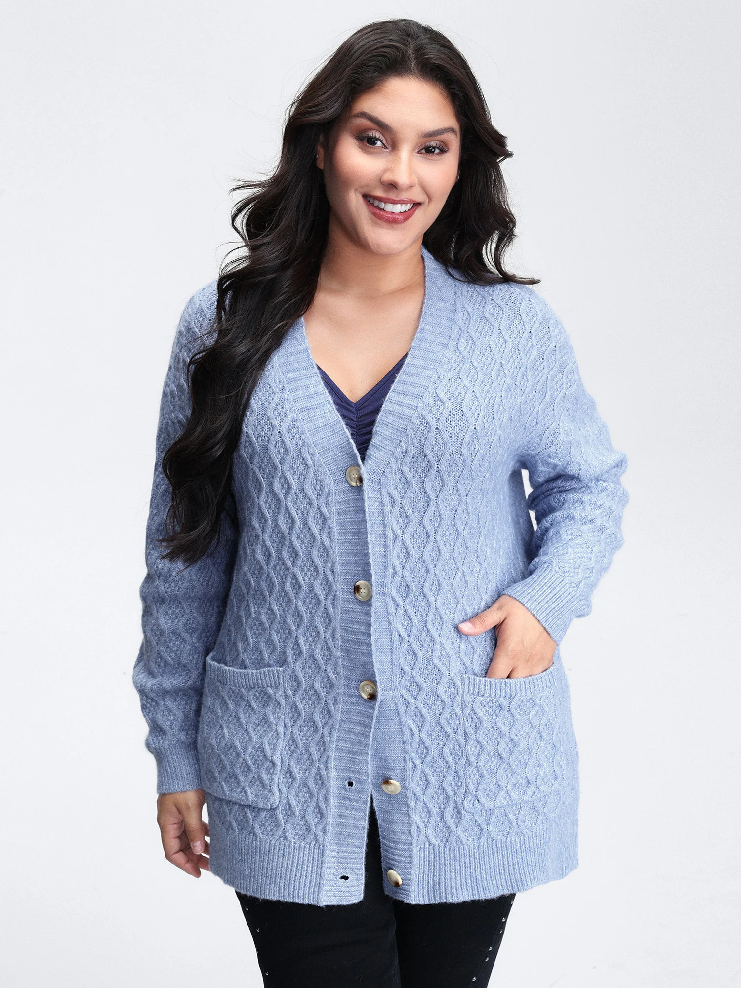 Cable Knit Textured Pockets Cardigan - Image 2