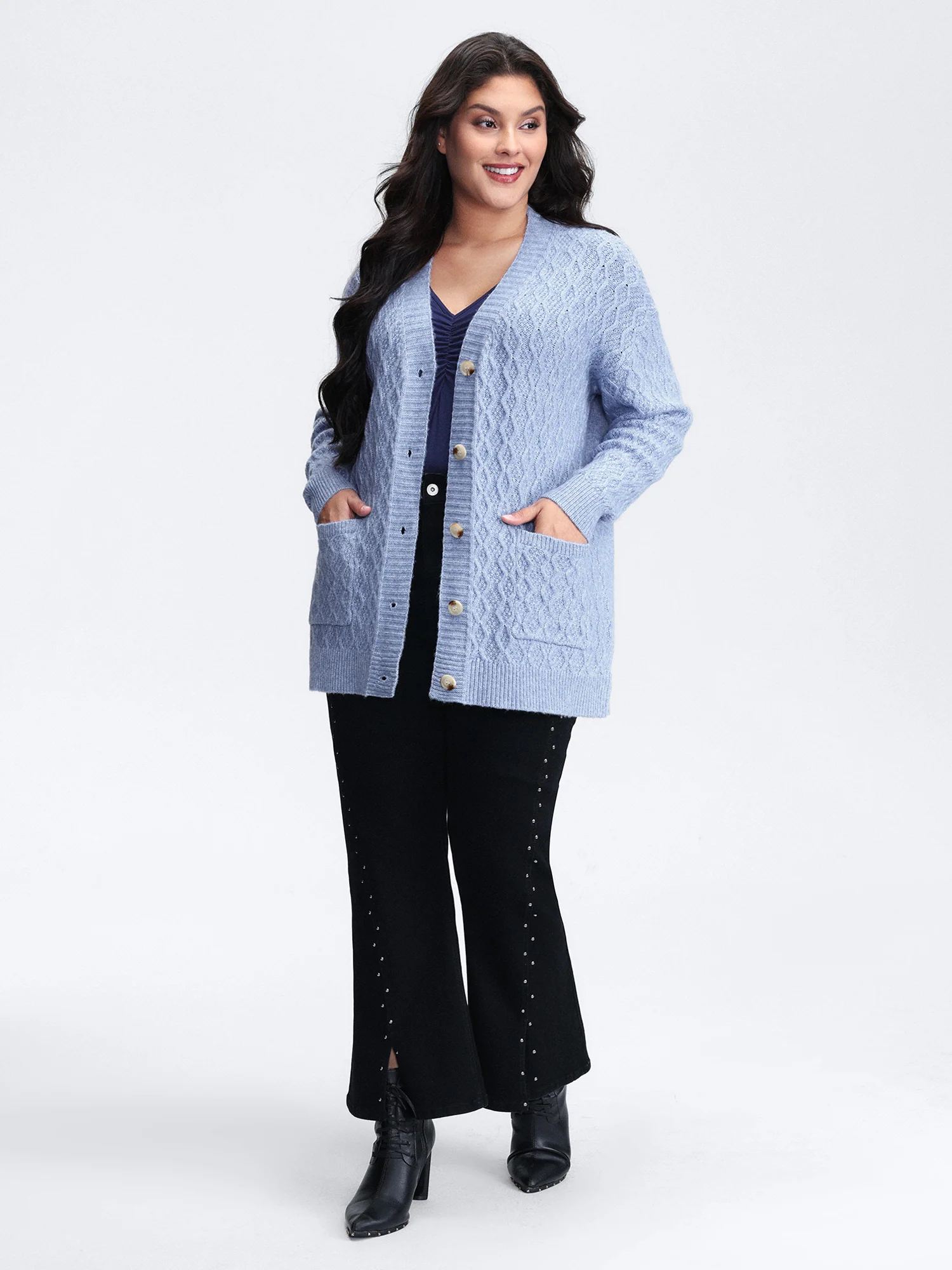 Cable Knit Textured Pockets Cardigan - Image 3