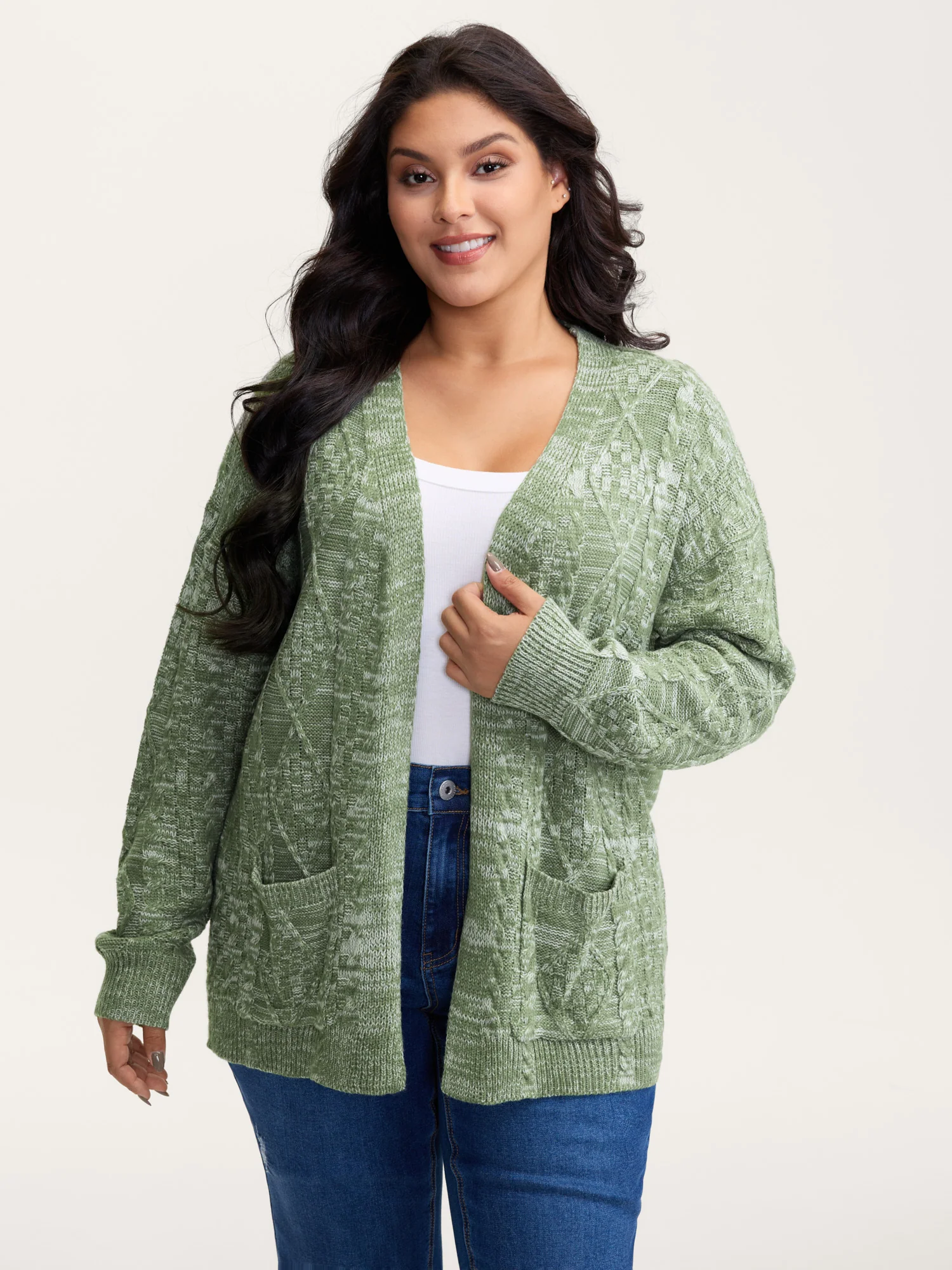 Cable Knit Textured Pockets Knit Cardigan - Image 2