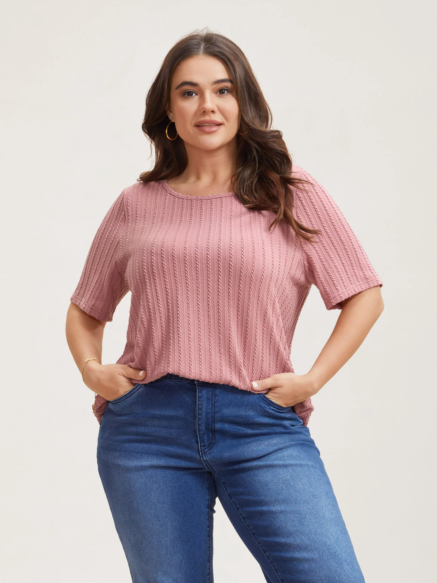 Cable Knit Textured Round Neck T-Shirt - Image 2