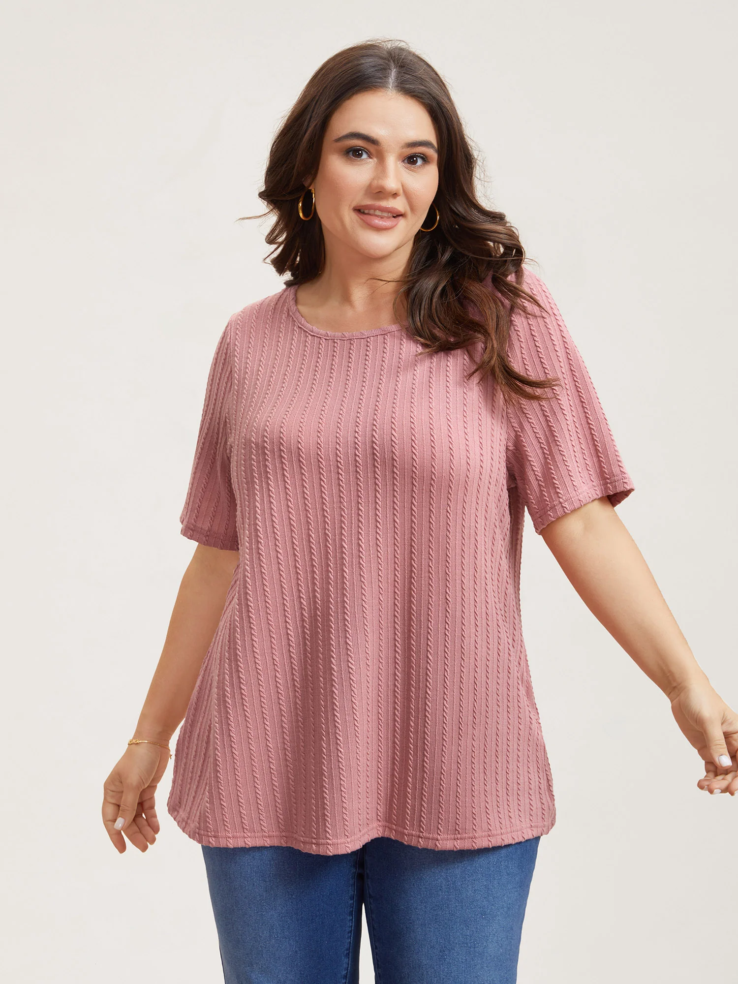Cable Knit Textured Round Neck T-Shirt - Image 4