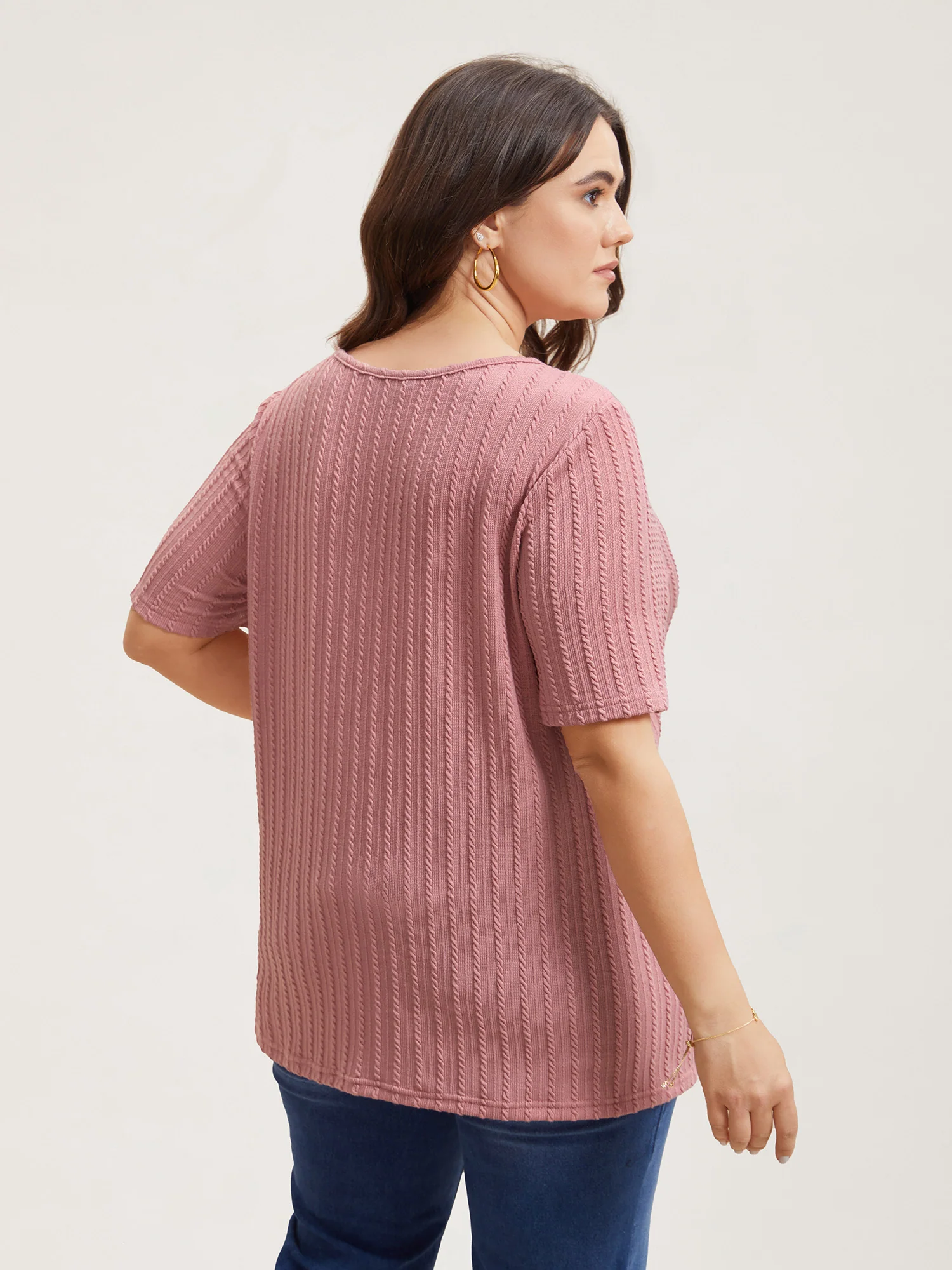 Cable Knit Textured Round Neck T-Shirt - Image 5