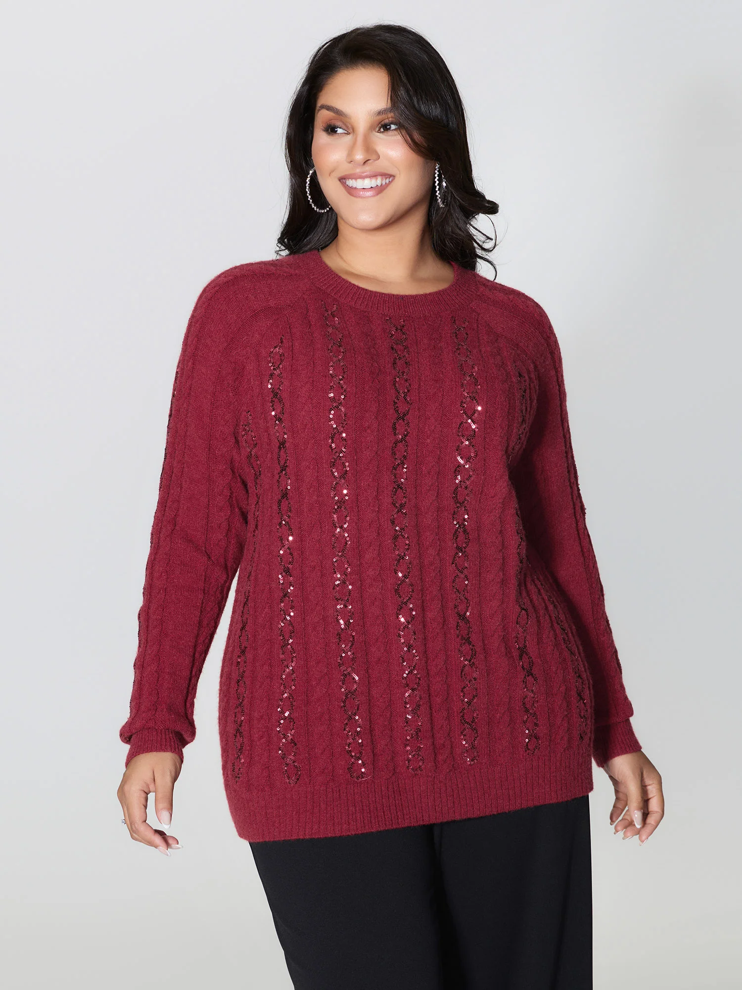 Cable Knit Textured Sequin Embroidered Pullover