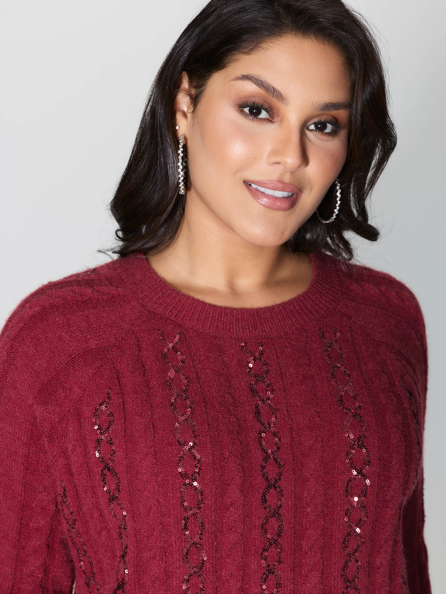 Cable Knit Textured Sequin Embroidered Pullover - Image 2