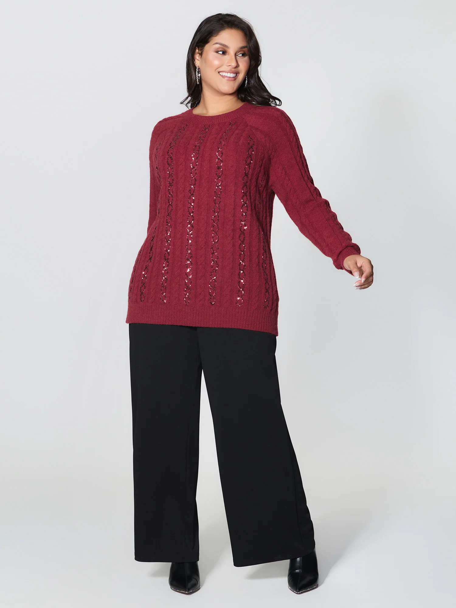 Cable Knit Textured Sequin Embroidered Pullover - Image 3
