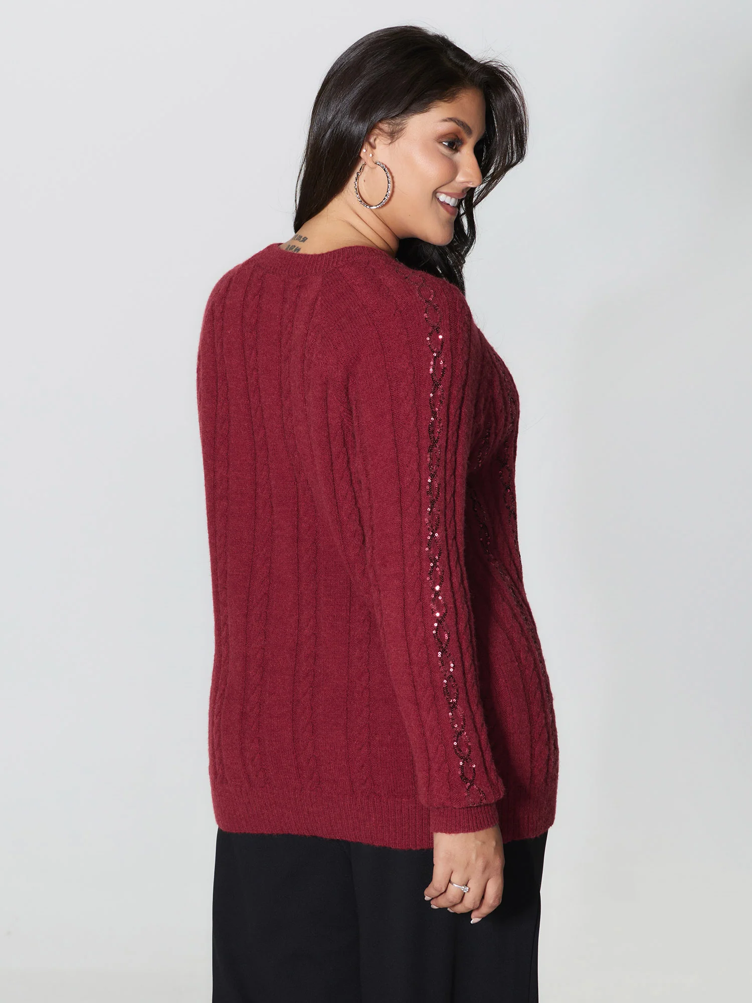Cable Knit Textured Sequin Embroidered Pullover - Image 4