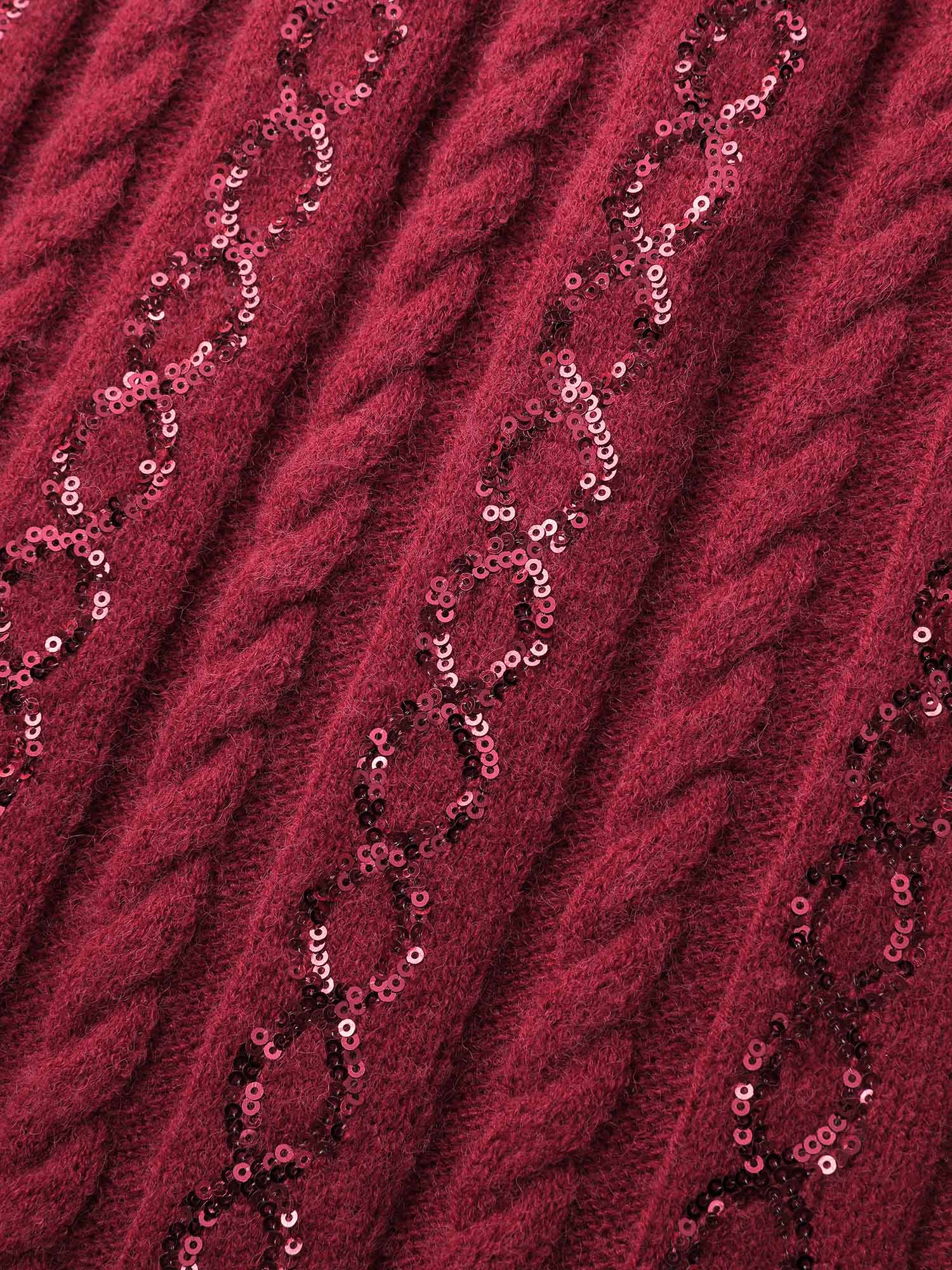 Cable Knit Textured Sequin Embroidered Pullover - Image 5