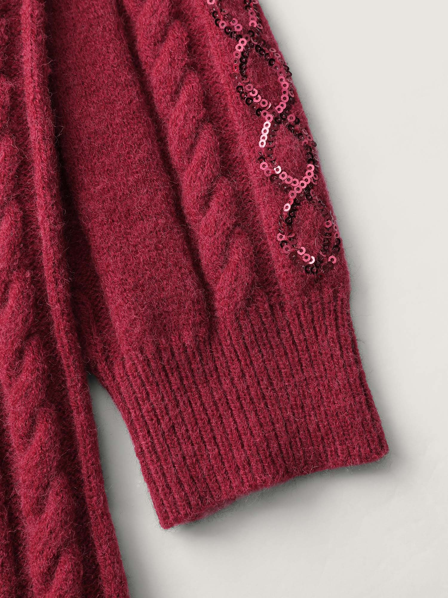 Cable Knit Textured Sequin Embroidered Pullover - Image 6