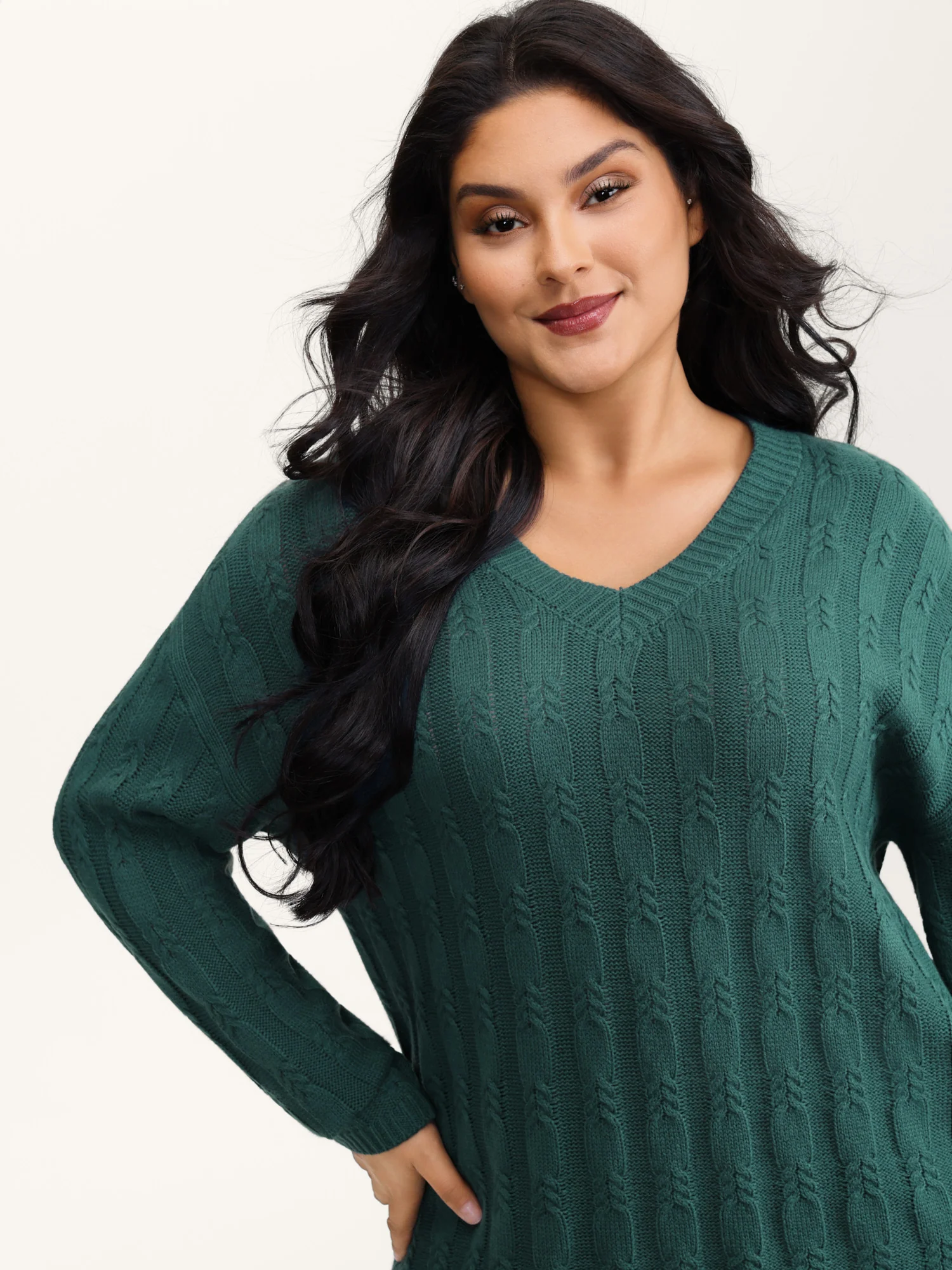 Cable Knit Textured V-Neck Pullover - Image 2