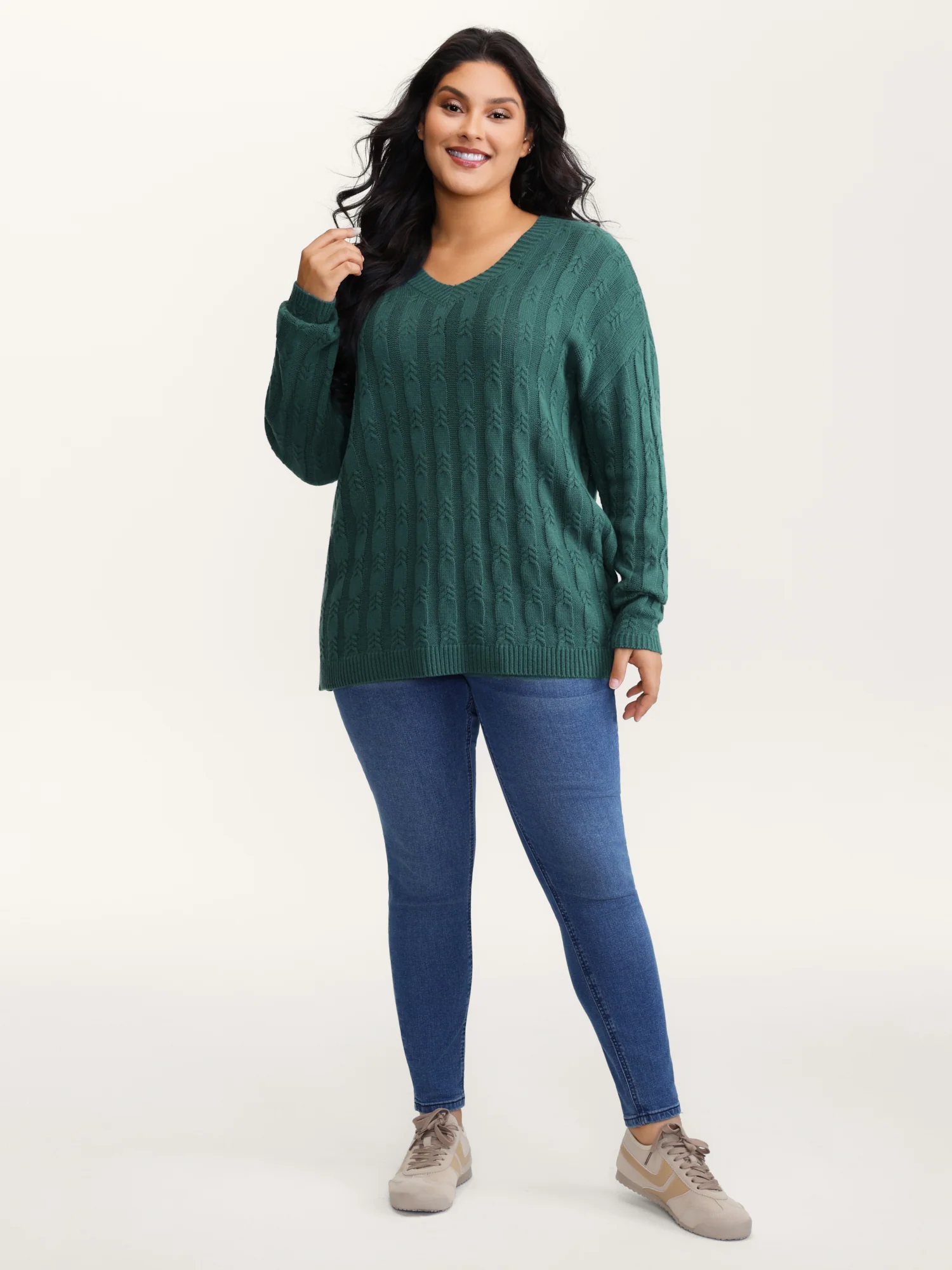 Cable Knit Textured V-Neck Pullover - Image 3