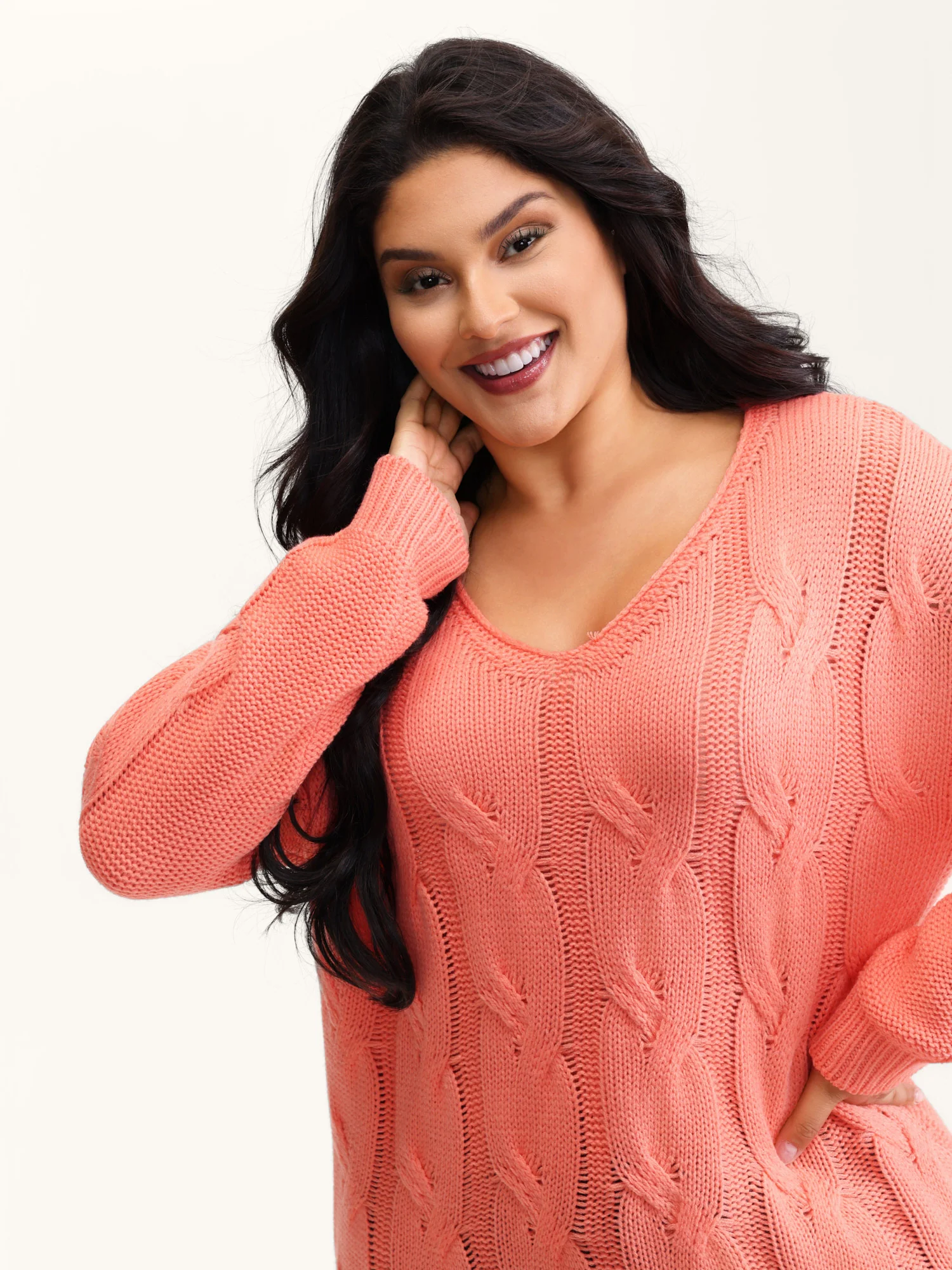 Cable Knit V-Neck Solid Pullover - Image 2