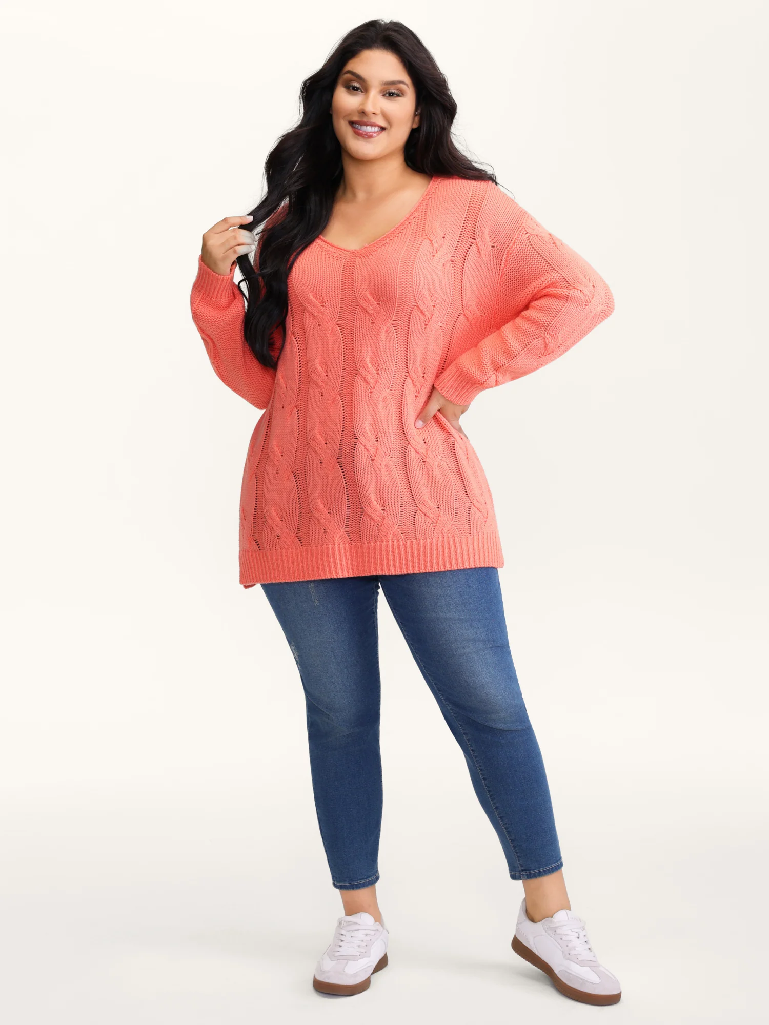 Cable Knit V-Neck Solid Pullover - Image 3