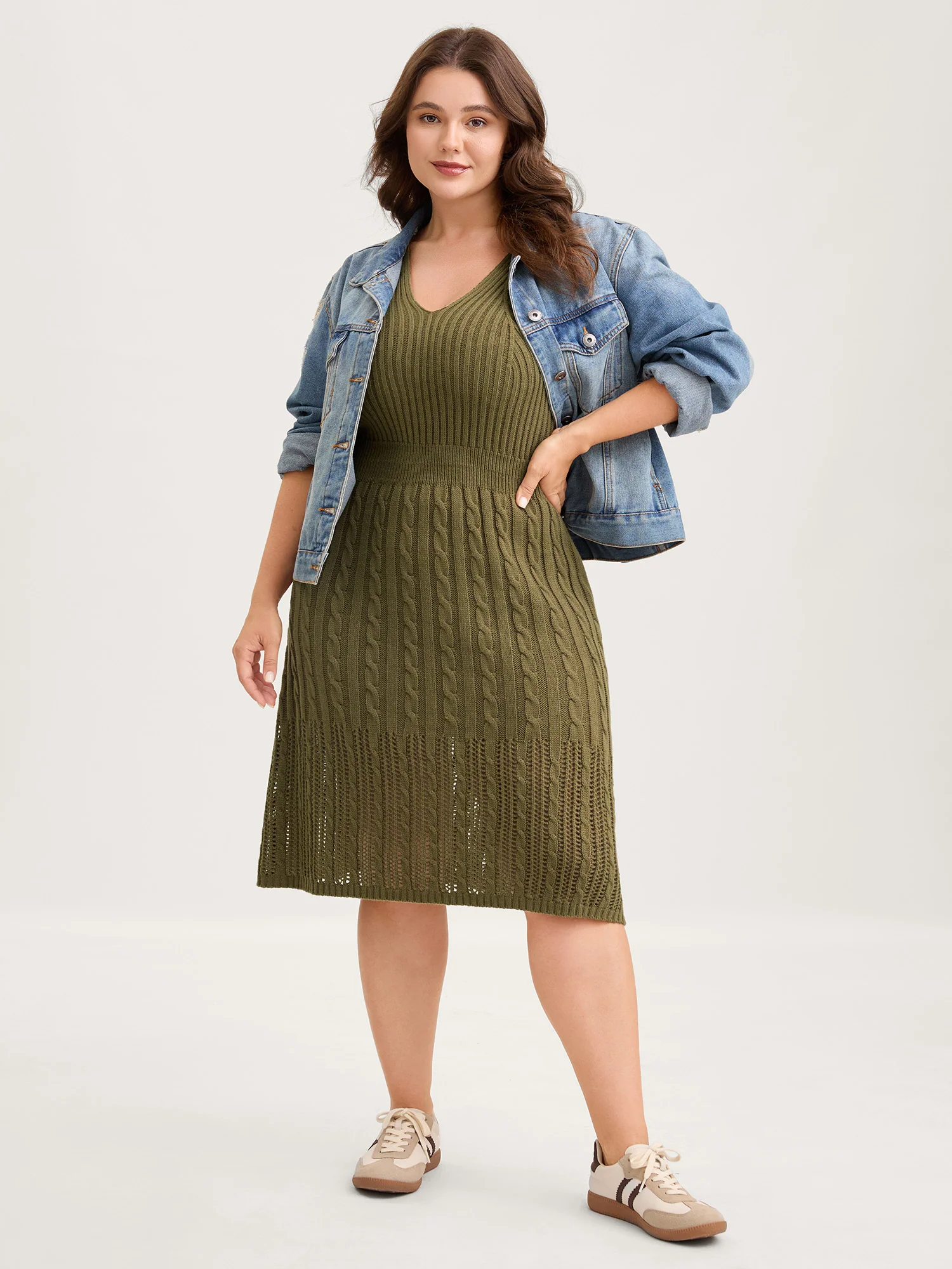 Cable-Knit Waist-Cinched Woven Midi Dress - Image 3