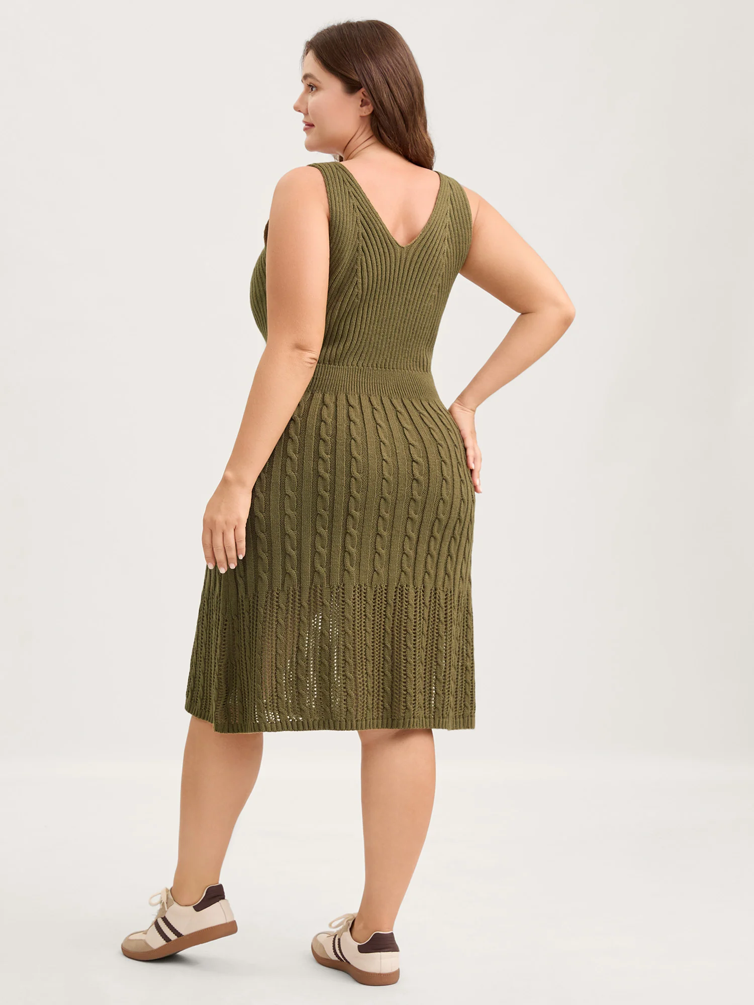Cable-Knit Waist-Cinched Woven Midi Dress - Image 4