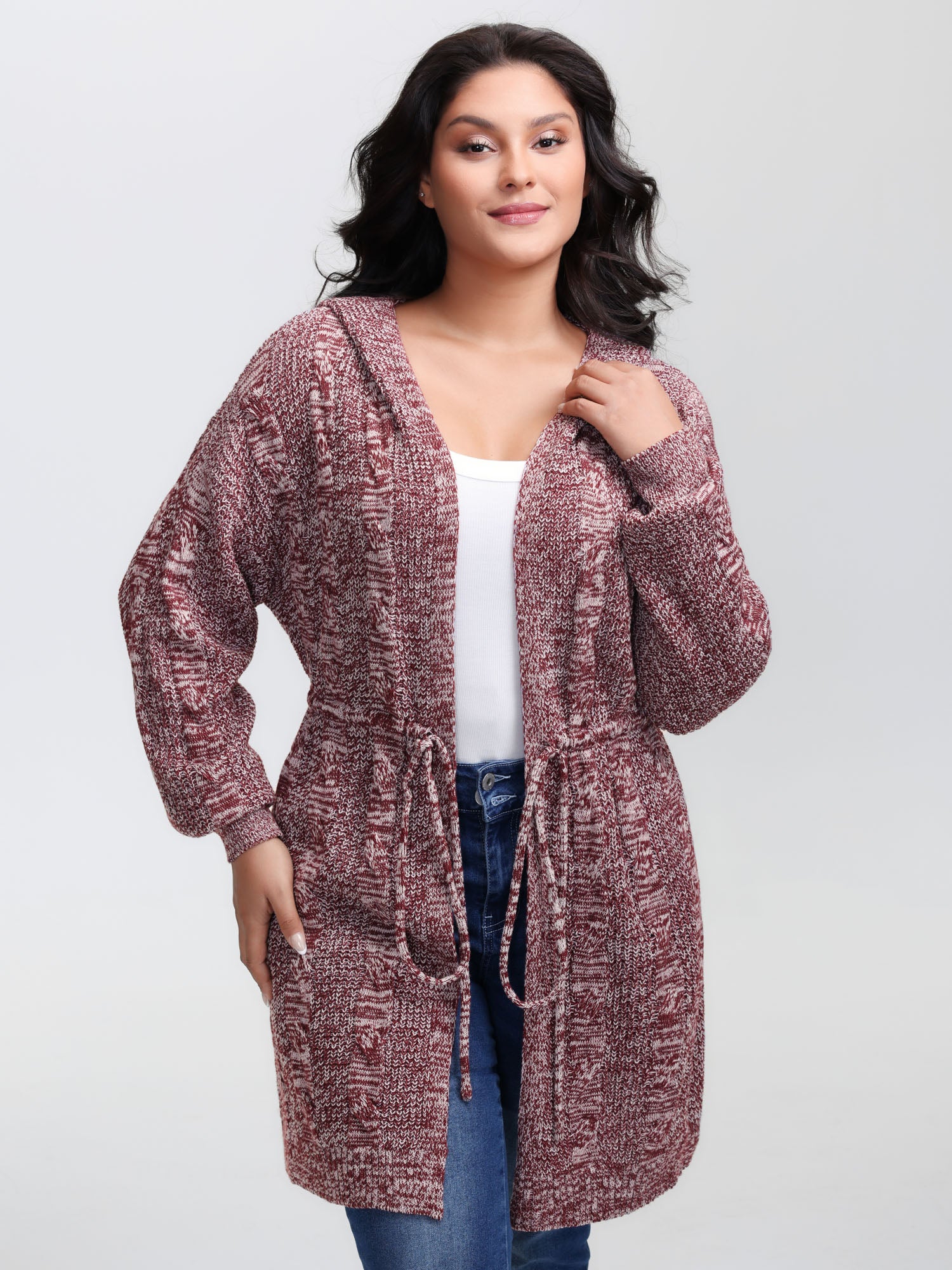 Cable Stitch Heather Hooded Knit Cardigan - Image 2